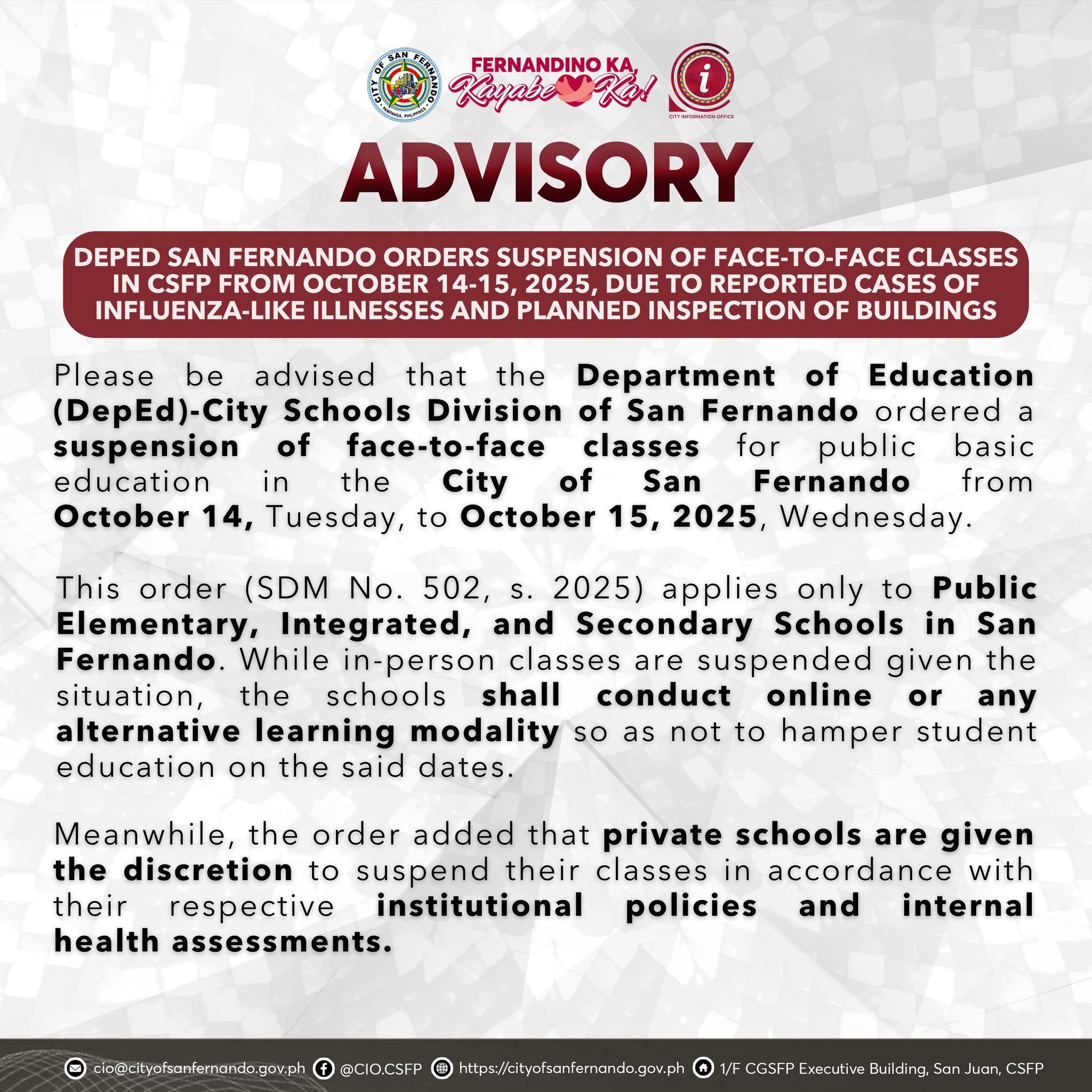 GNN - 𝐀𝐝𝐯𝐢𝐬𝐨𝐫𝐲: 𝐖𝐚𝐥𝐚𝐧𝐠 𝐅𝟐𝐅 𝐂𝐥𝐚𝐬𝐬𝐞𝐬 𝐬𝐚 𝐒𝐚𝐧 𝐅𝐞𝐫𝐧𝐚𝐧𝐝𝐨 𝐬𝐚 𝐎𝐤𝐭𝐮𝐛𝐫𝐞 𝟏𝟒–𝟏𝟓 ...