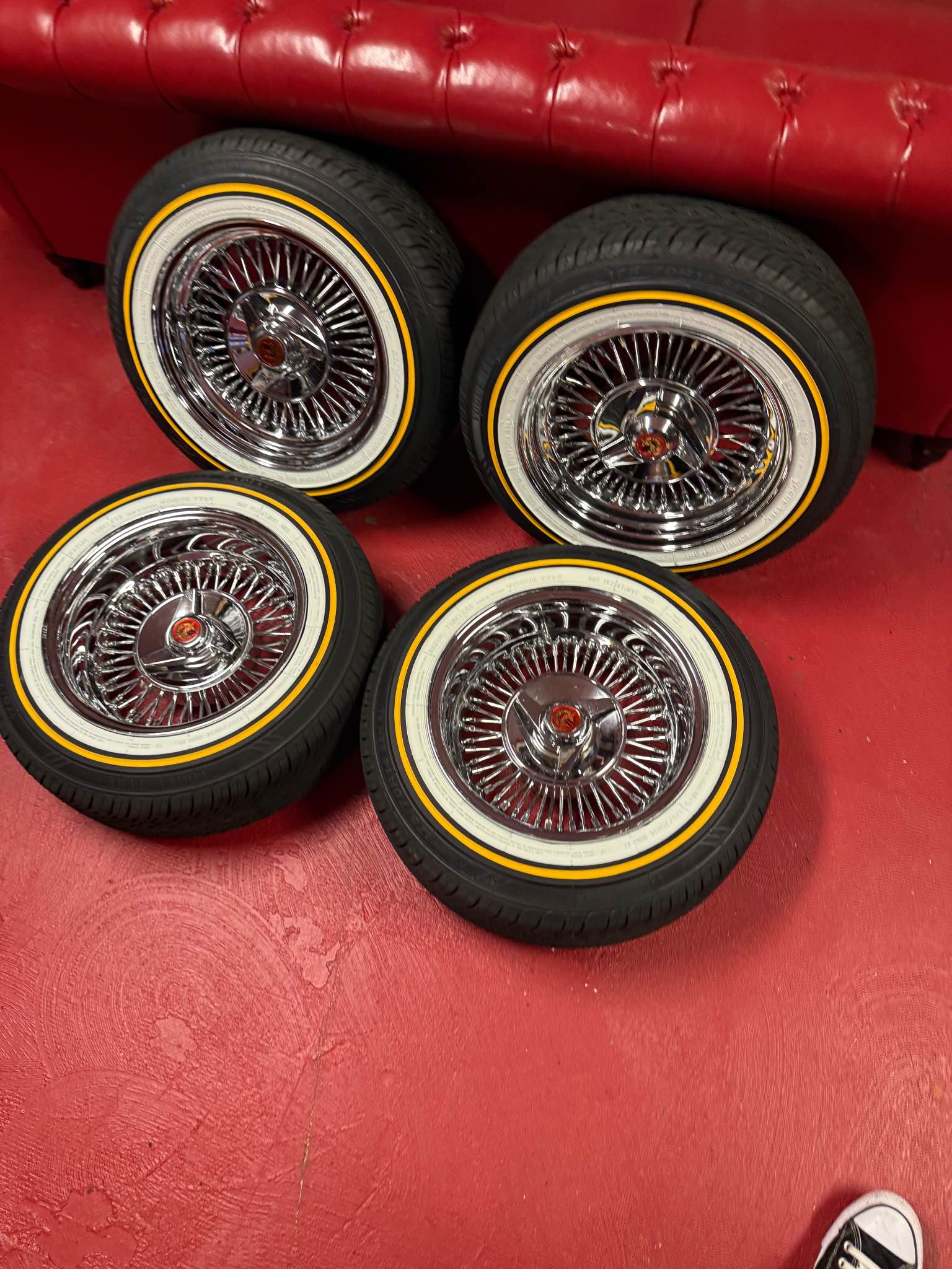 14x7 McLean Wire Wheels + BRAND NEW Vogue Tires – 52 Spoke Reverse Lace ...