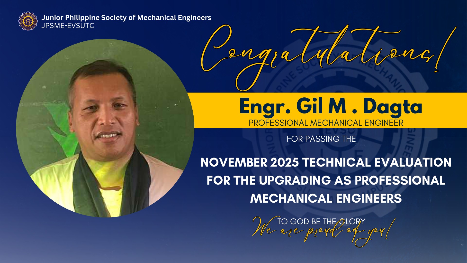 Congratulations, Engr. Gil M. Dagta, PME! 🎉⚙️ The JPSME-EVSUTC family ...