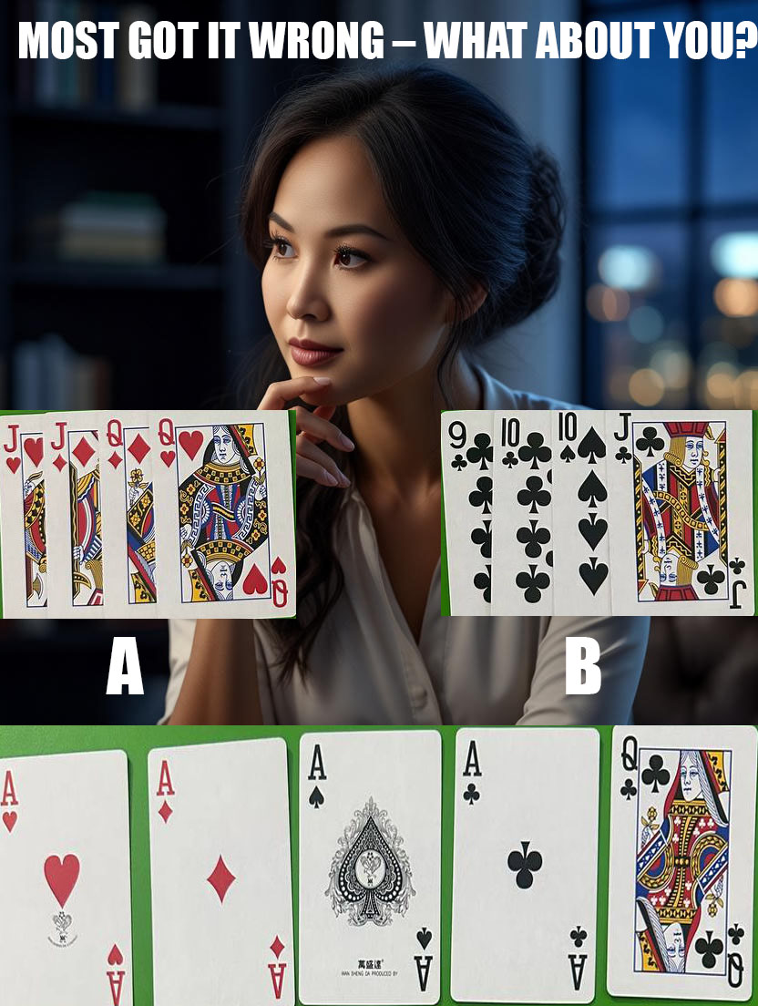 Poker - 🌀 The Layout: A♥ – A♦ – A♠ – A♣ – Q♠ 🔵 Hand A: J♥ – J♦ – Q♥ – Q ...