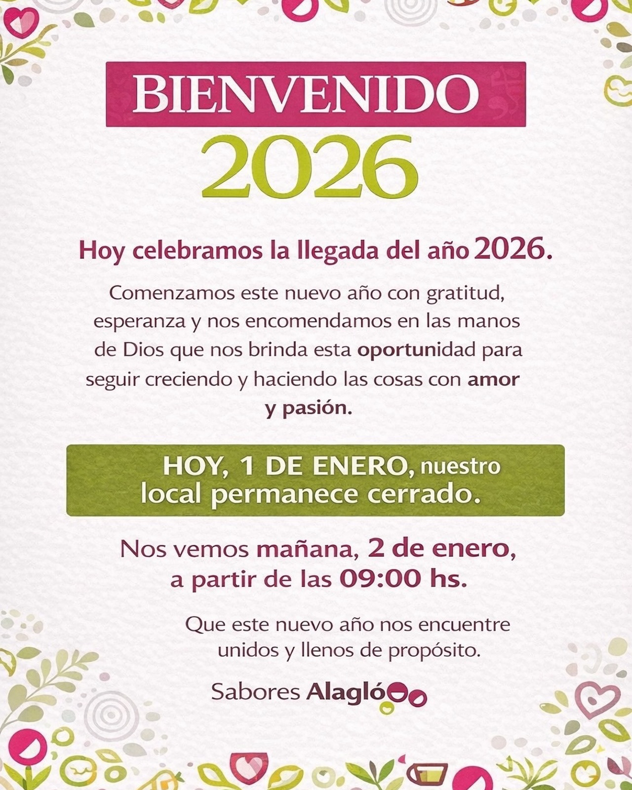 Sabores - Bienvenido 2026 Comenzamos un nuevo año con gratitud y ...