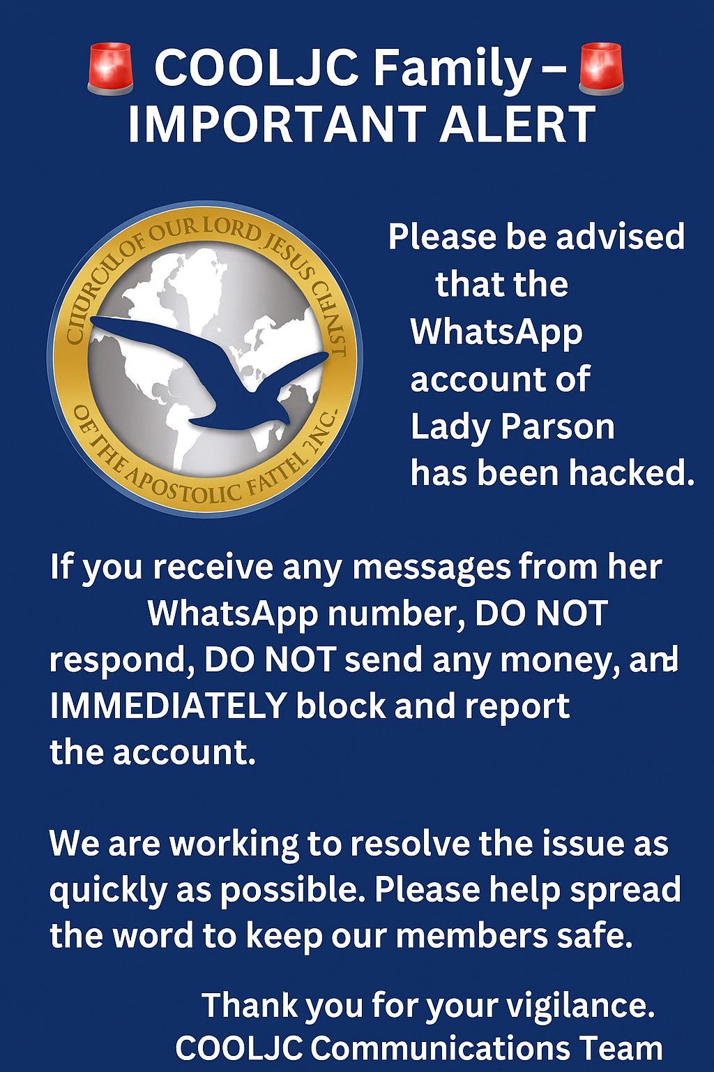 🚨 COOLJC Family – Please be advised that the WhatsApp account of Lady ...