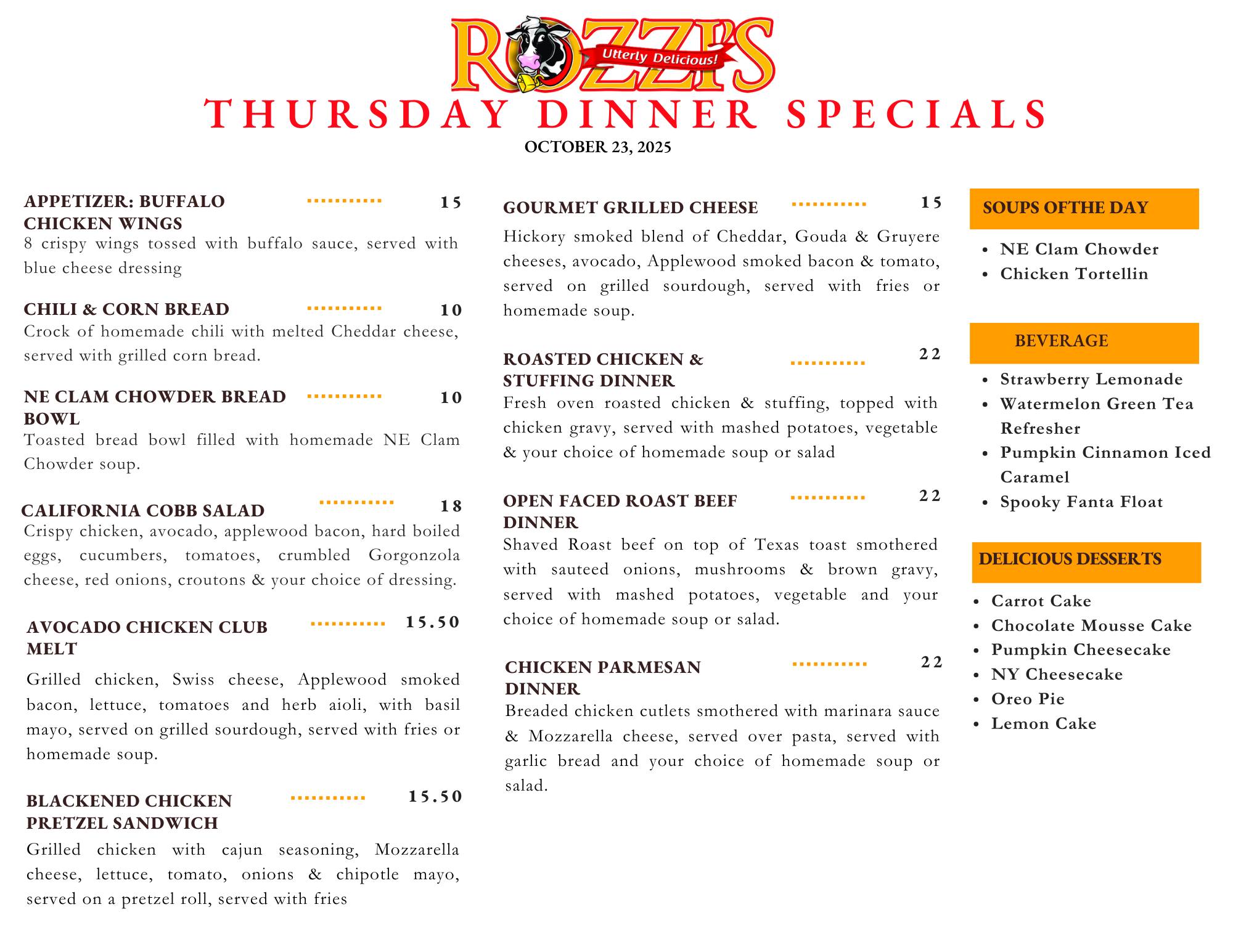 ROZZI'S - THURSDAY DINNER SPECIALS Available starting 4:30 PM Treat ...