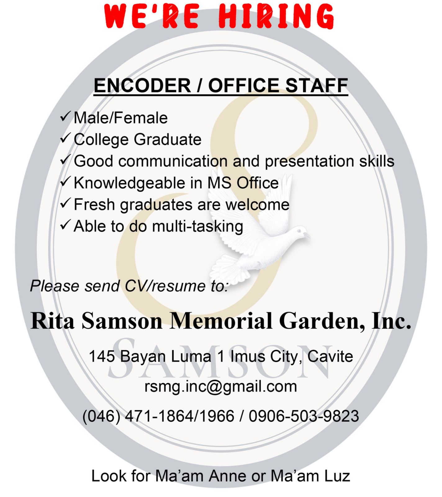 Rita - WE ARE HIRING ENCODER/OFFICE STAFF Male/Female College Graduate ...