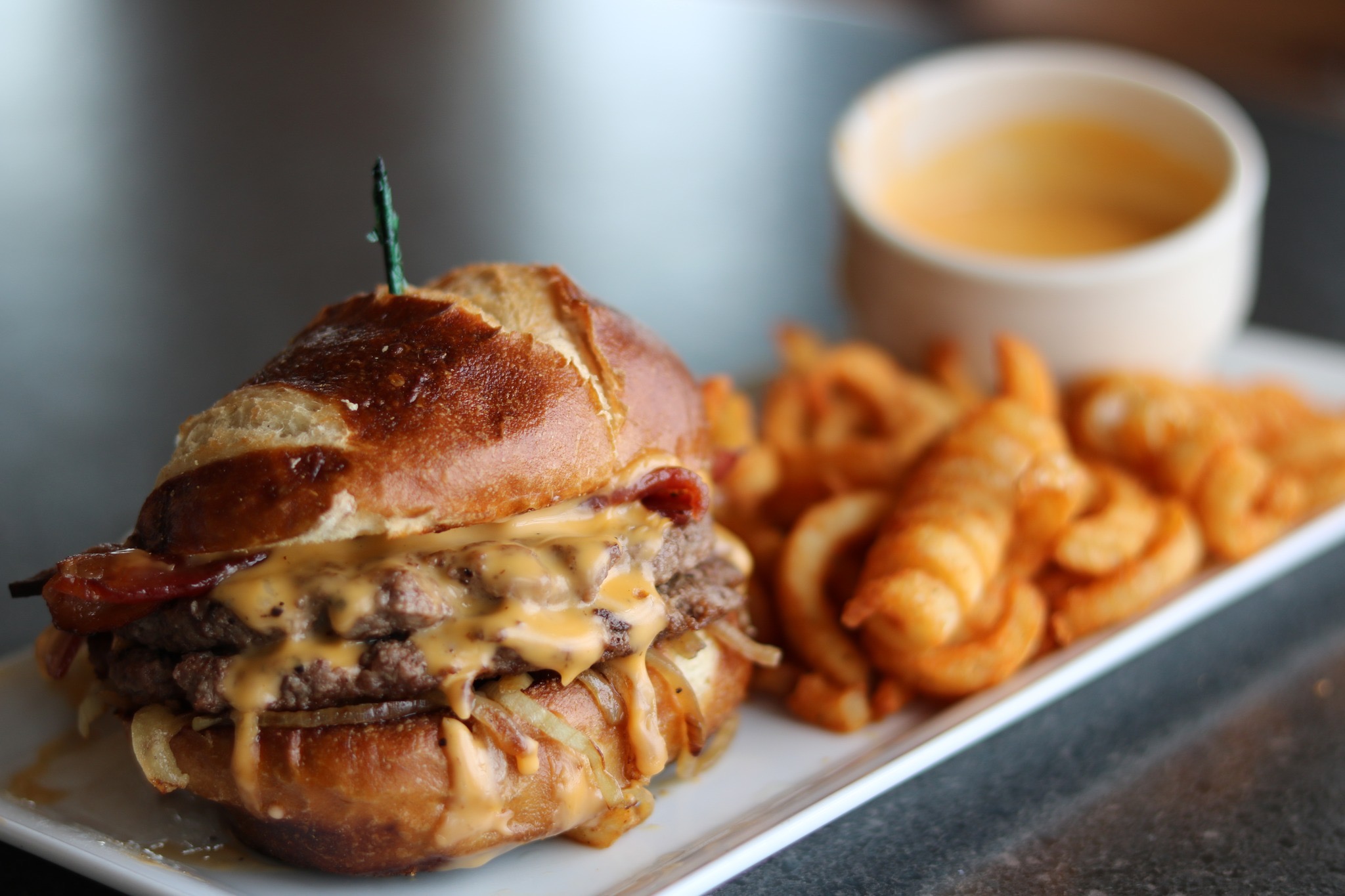 Back Bay Grill & Games' Hangover Hero burger and tomato bisque