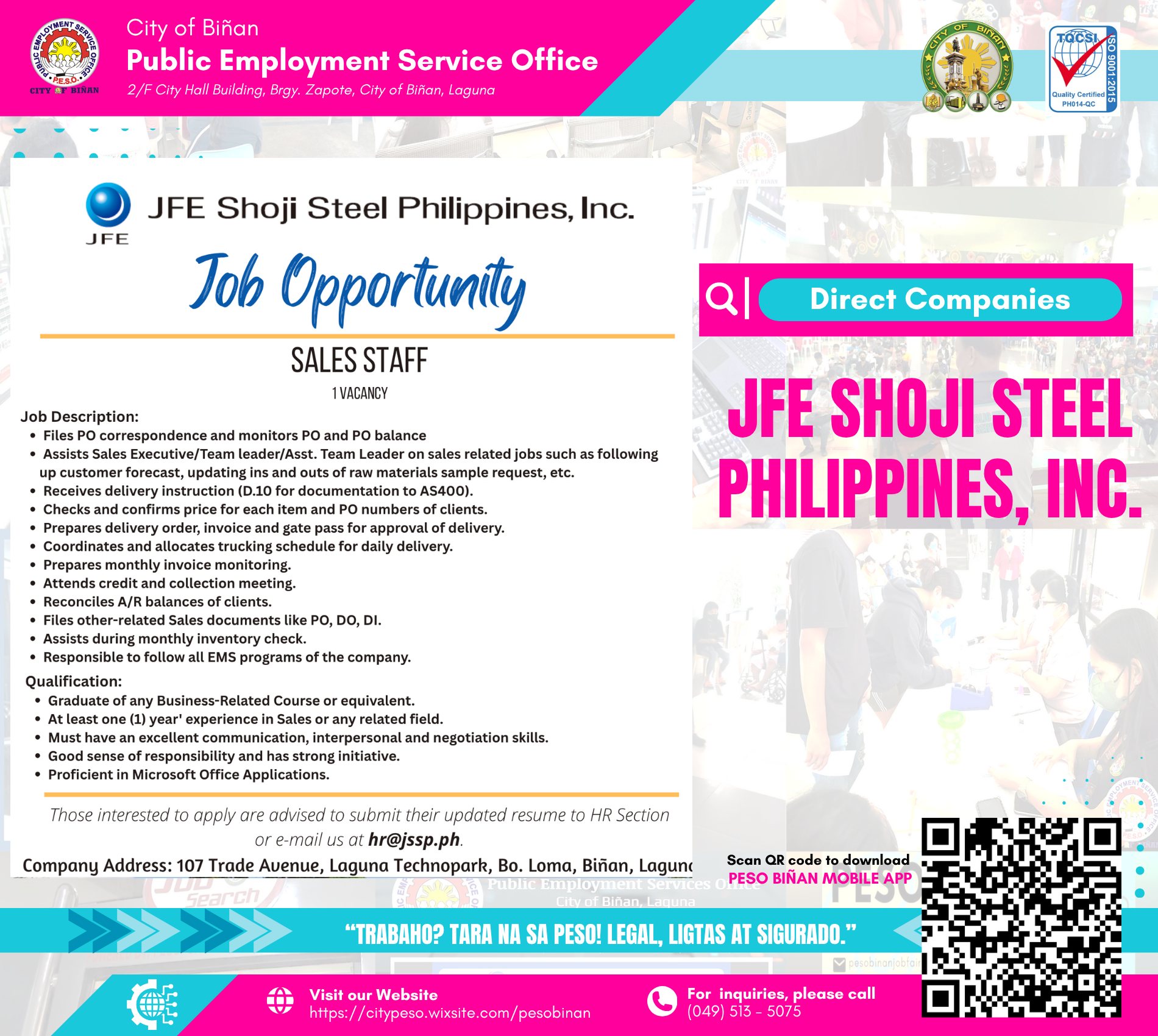 PESO Binan - ‼ JFE SHOJI STEEL PHILIPPINES, INC. is... | Facebook