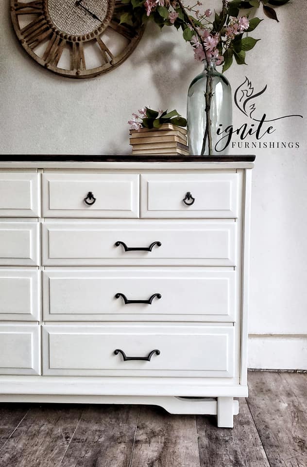 white dresser with black knobs 6 Drawers for Bedroom, Farmhouse 54 Inch Wide Wood Dresser Che  My Store Thats why a wall SOLD  Refurbished MCM Matching