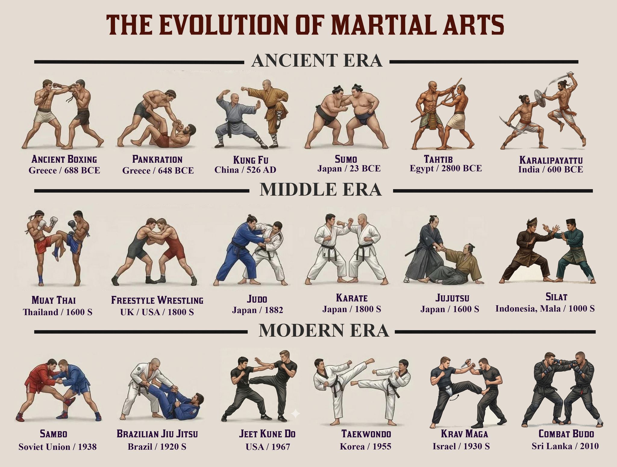 Thousands of years ago, combat methods emerged within human 