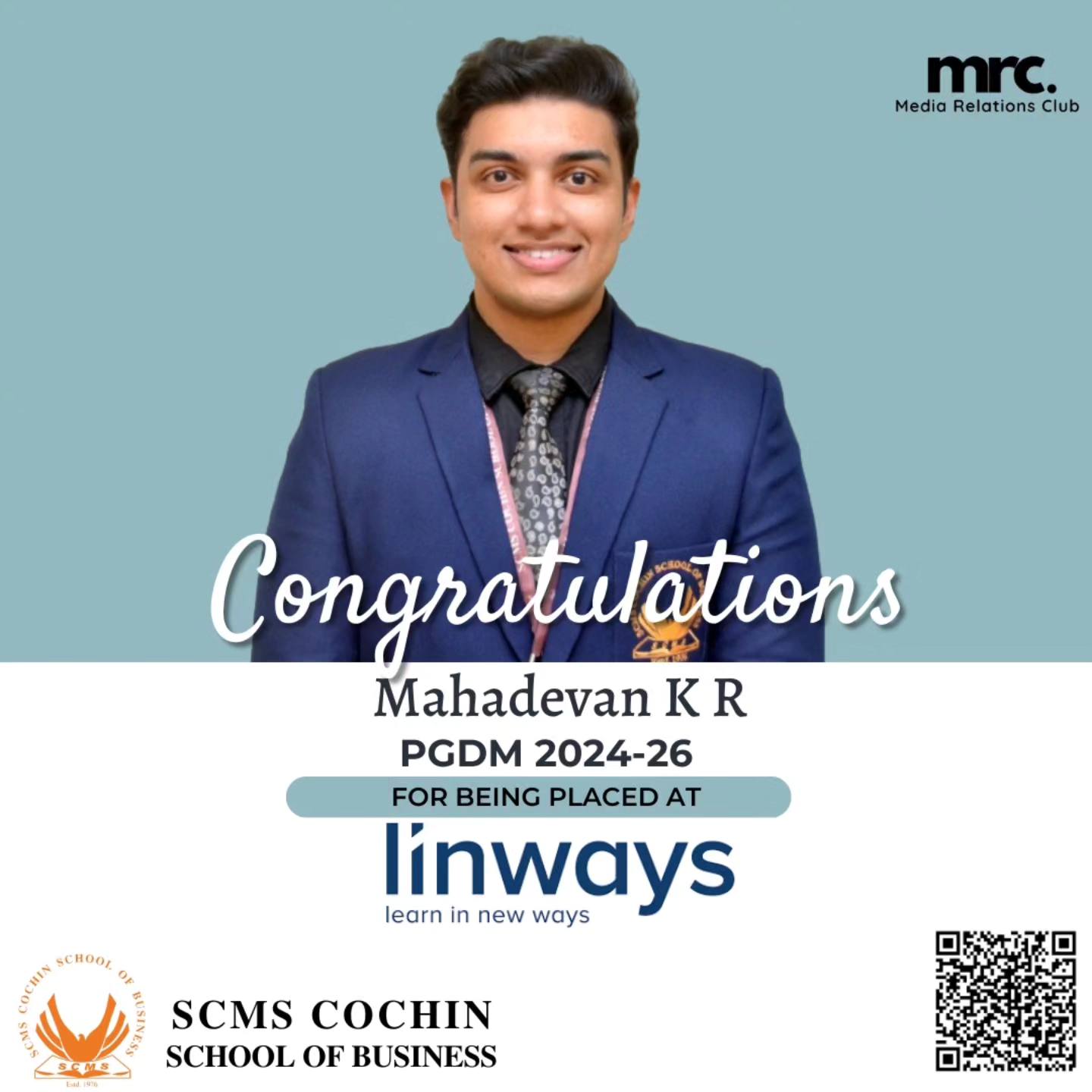 SCMS - Congratulations to Mahadevan K R (PGDM 2024–26) for being placed ...