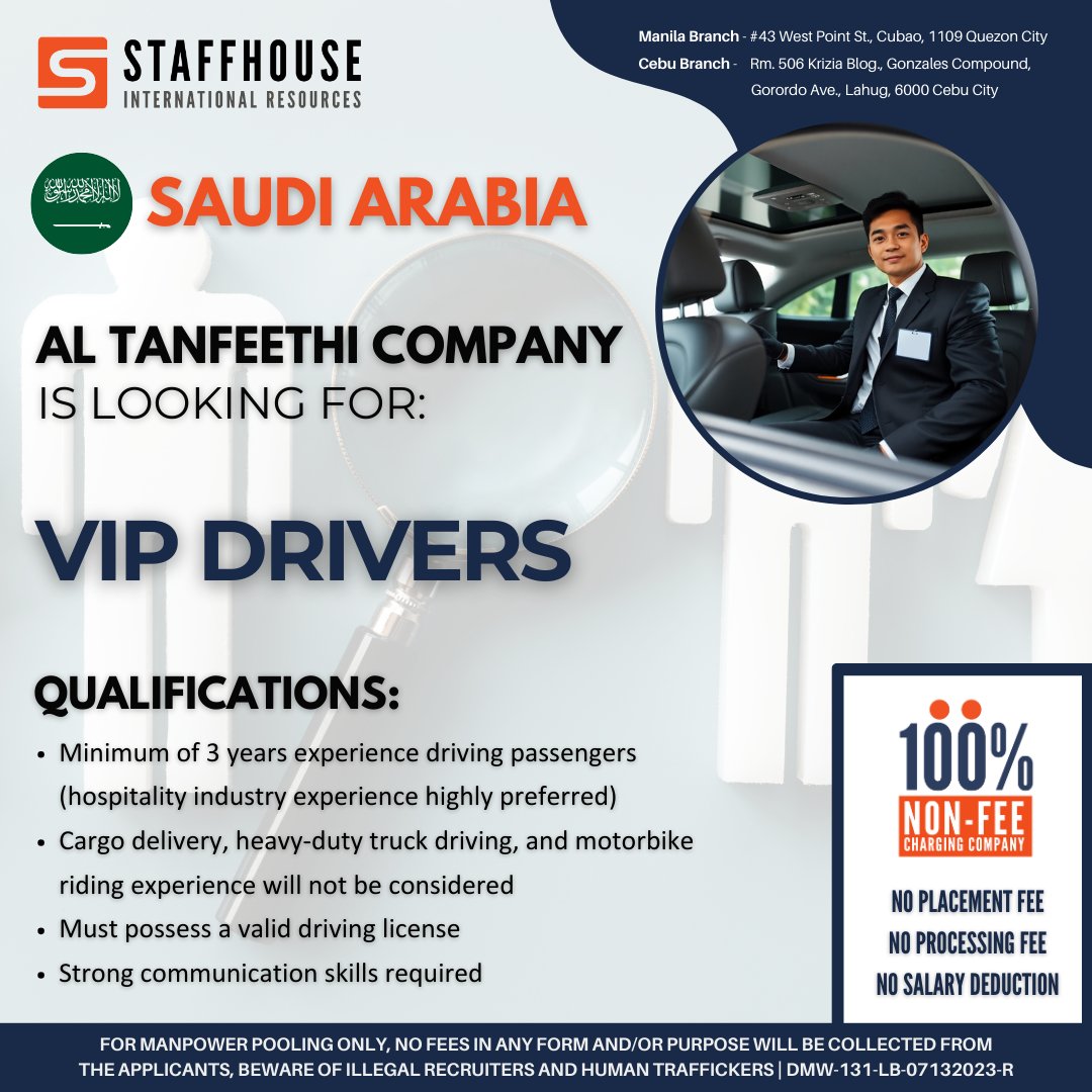 Staffhouse - NOW HIRING: VIP Drivers BOUND FOR Saudi Arabia – Initial ...