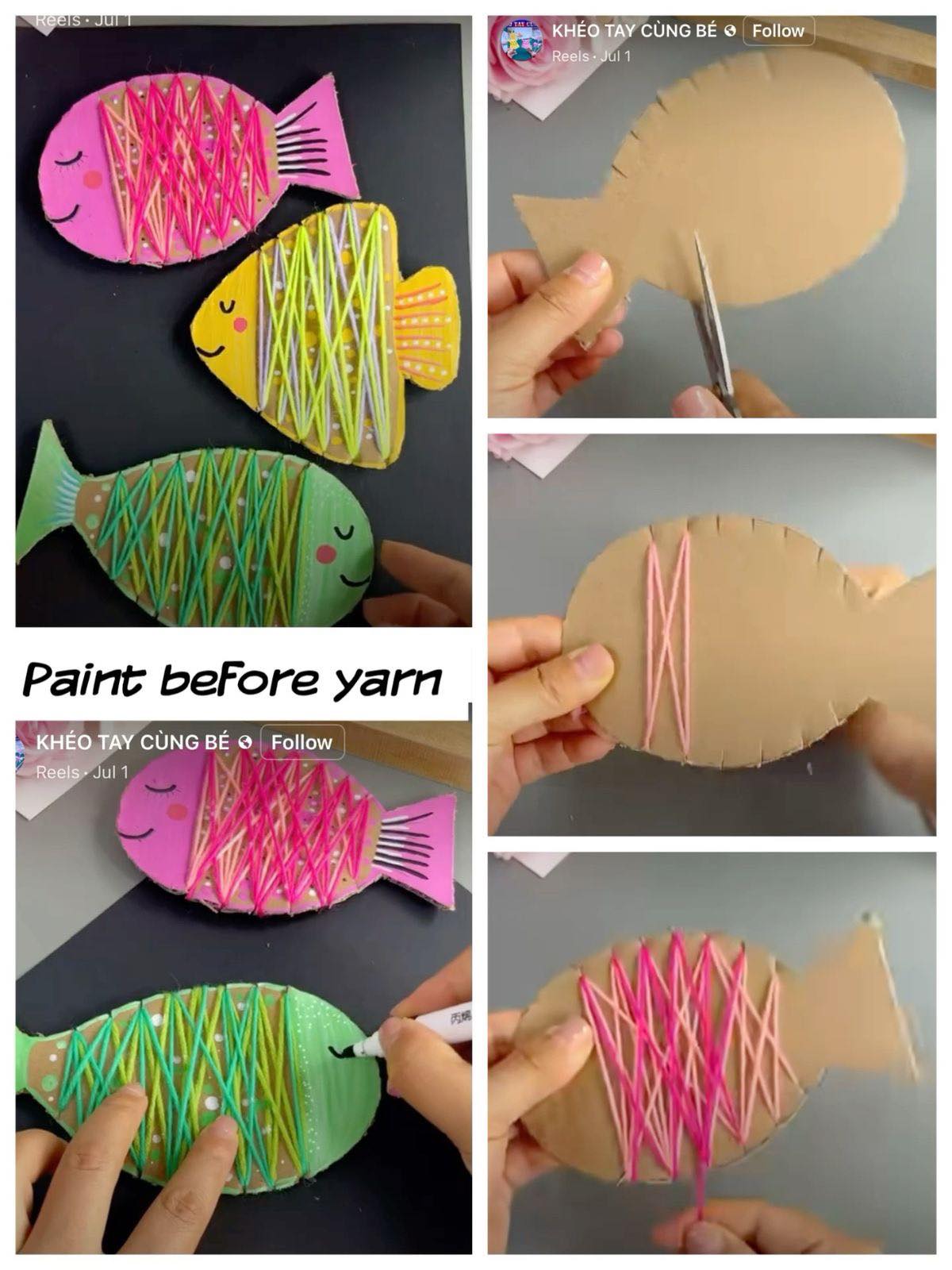 hello, - Cut cardboard into fish shapes, paint then wrap in yarn for a ...