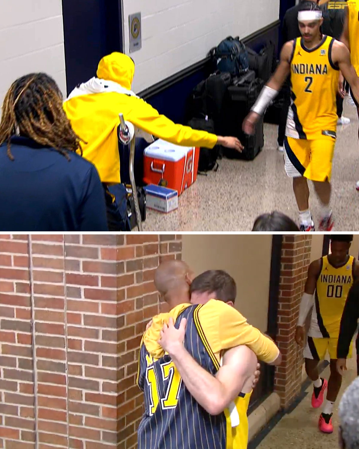 Tyrese Haliburton and Reggie Miller greet Indiana Pacers after NBA 