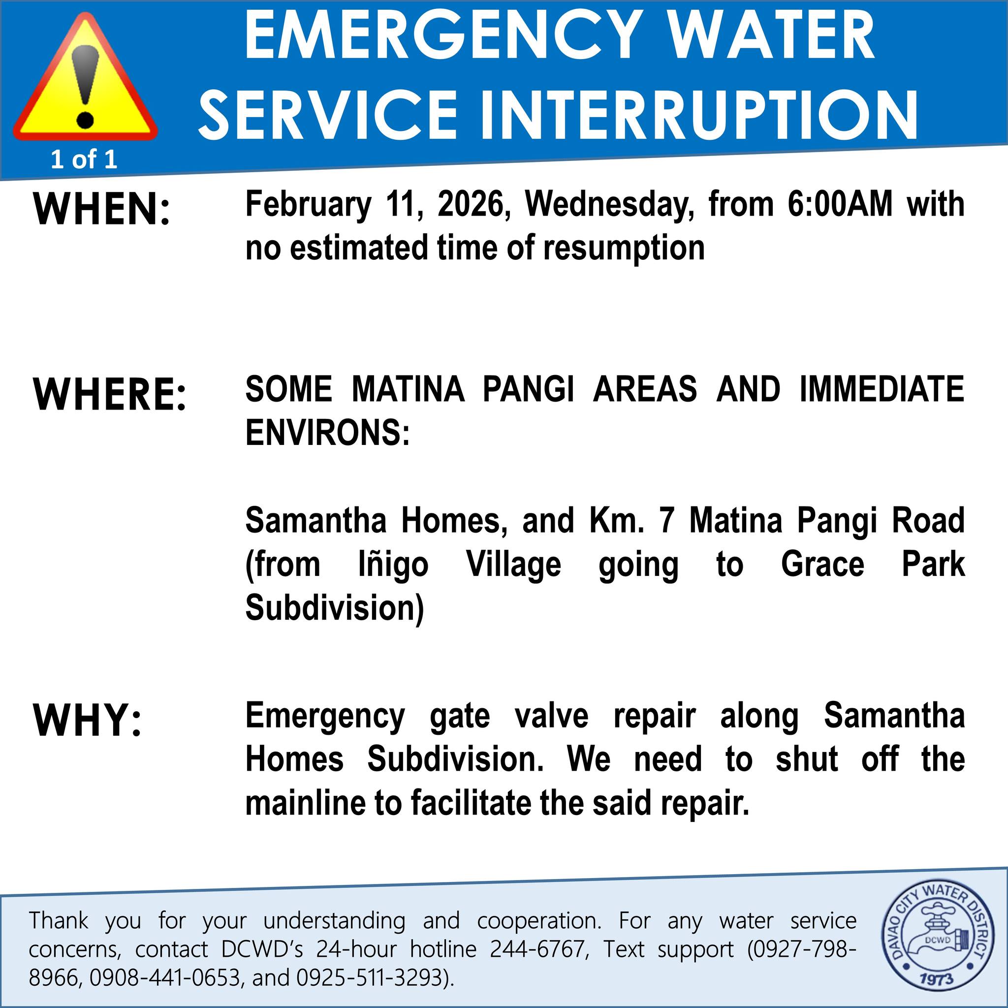 Davao - (UPDATED) DCWD Advisory: Emergency Water Service Interruption ...