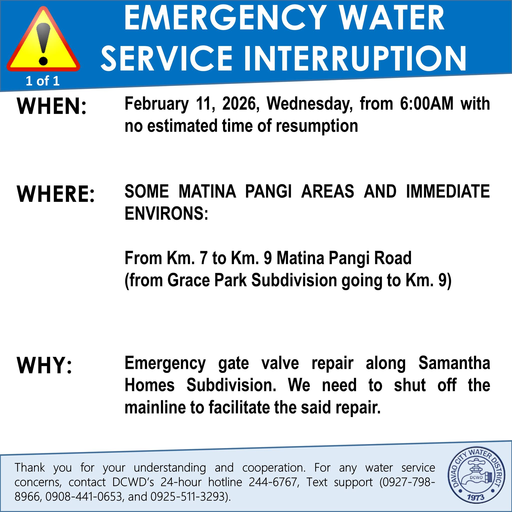 Davao - Notice of scheduled water service interruption WHEN: Tuesday ...