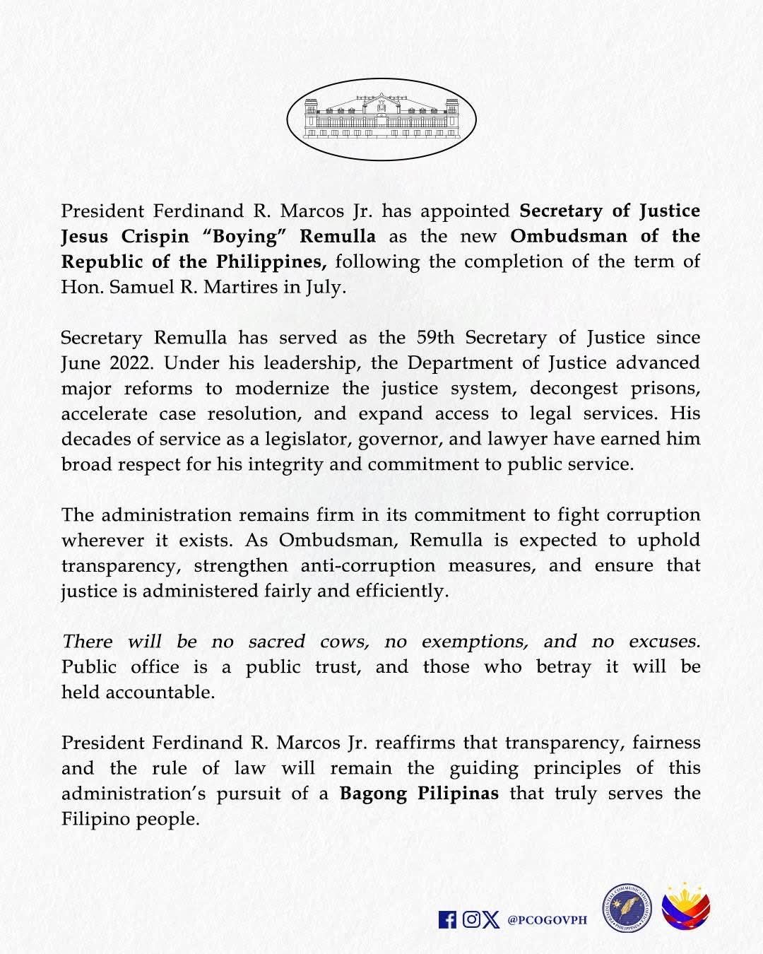 RPN - Malacañang Statement on the Appointment of Justice Secretary ...