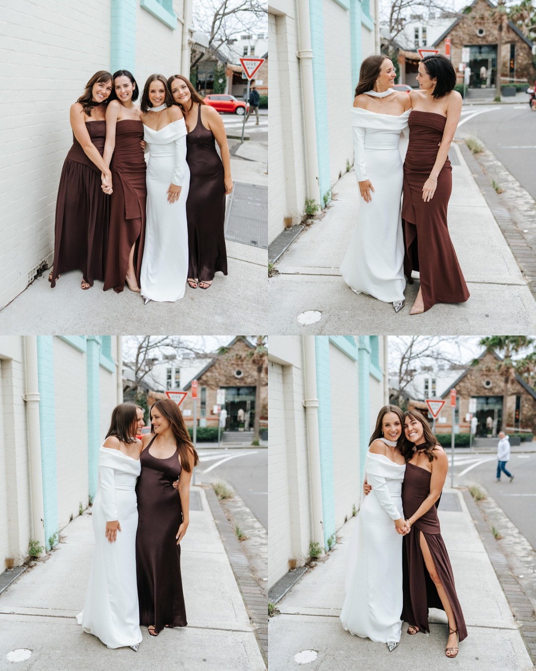 cucina bridesmaid dresses How good are the brown dresses! I feel like brown is back and trending. Brown dresses, brown suits, brown stationary. You diggin it? Especially love mixed matched maid of honor and bridesmaid dresses