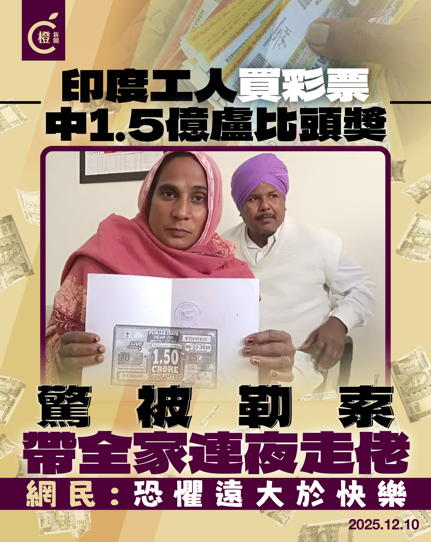 橙新聞 Orange News - 【印度工人意外中1.5億盧比頭獎 驚被勒索帶家人連夜走佬】... | Facebook
