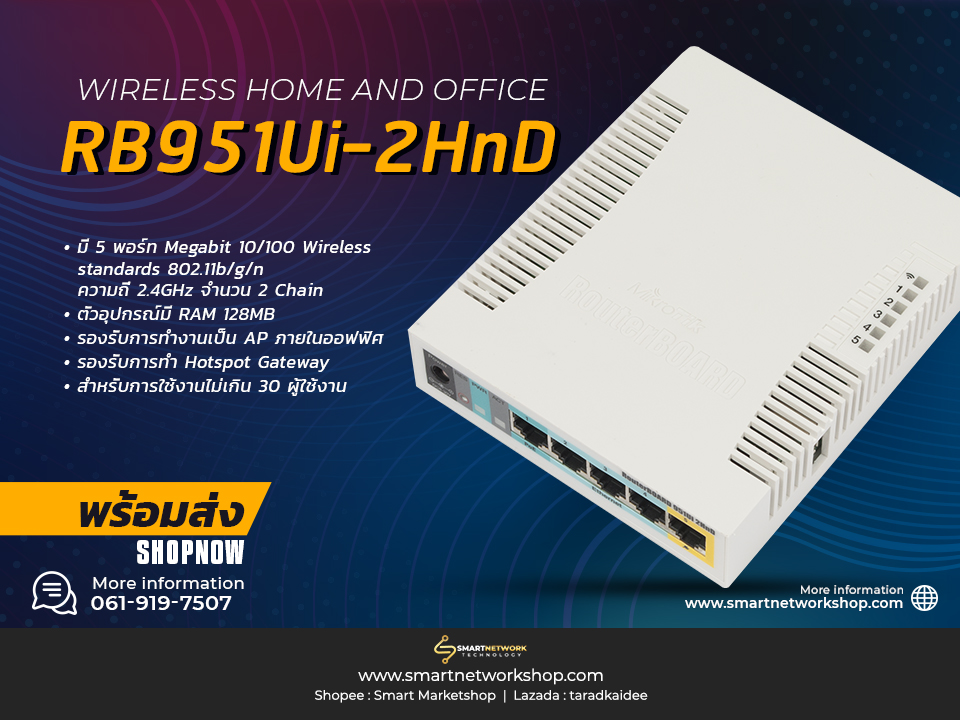 Smartnetworkshop - 🔥 RB951Ui-2HnD อุปกรณ์ Router รองรับ 30+ ผู้ใช้งาน ...
