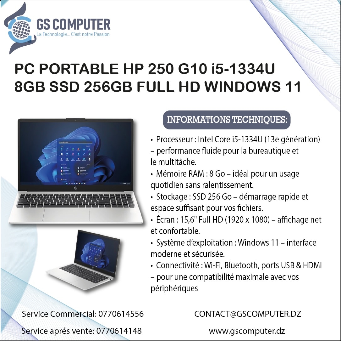 GS - PC Portable HP 250 G10 i5-1334U, 8GB SSD 256GB FULL HD WINDOWS 11 ...