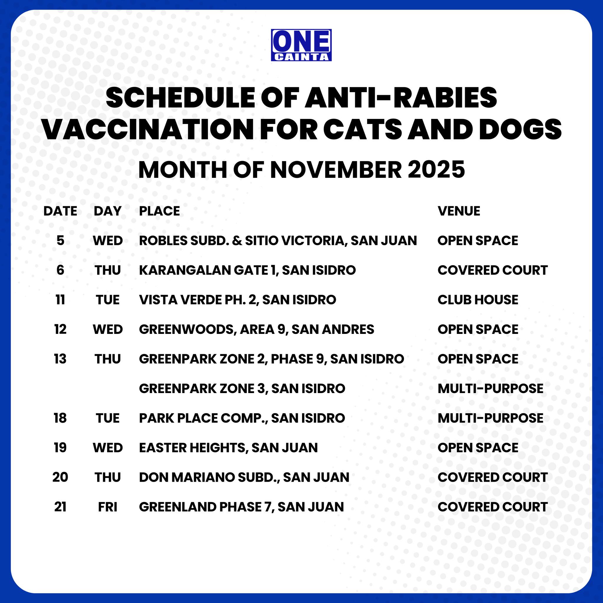 OneCainta - 📢 Schedule of Free Anti-Rabies Vaccination for November ...