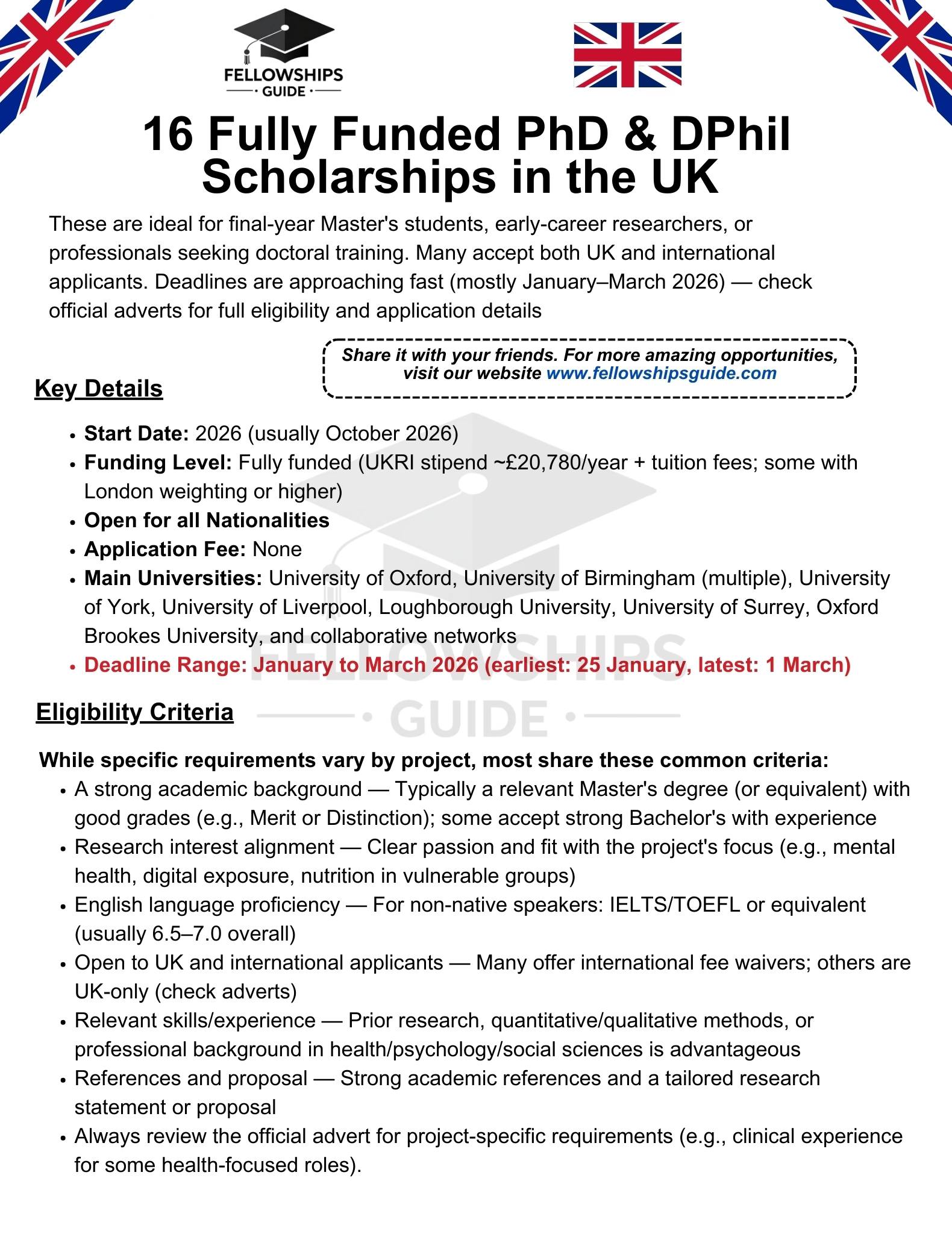 Fellowships - 🎓 16 Fully Funded PhD Scholarships in the UK – 2026 ...