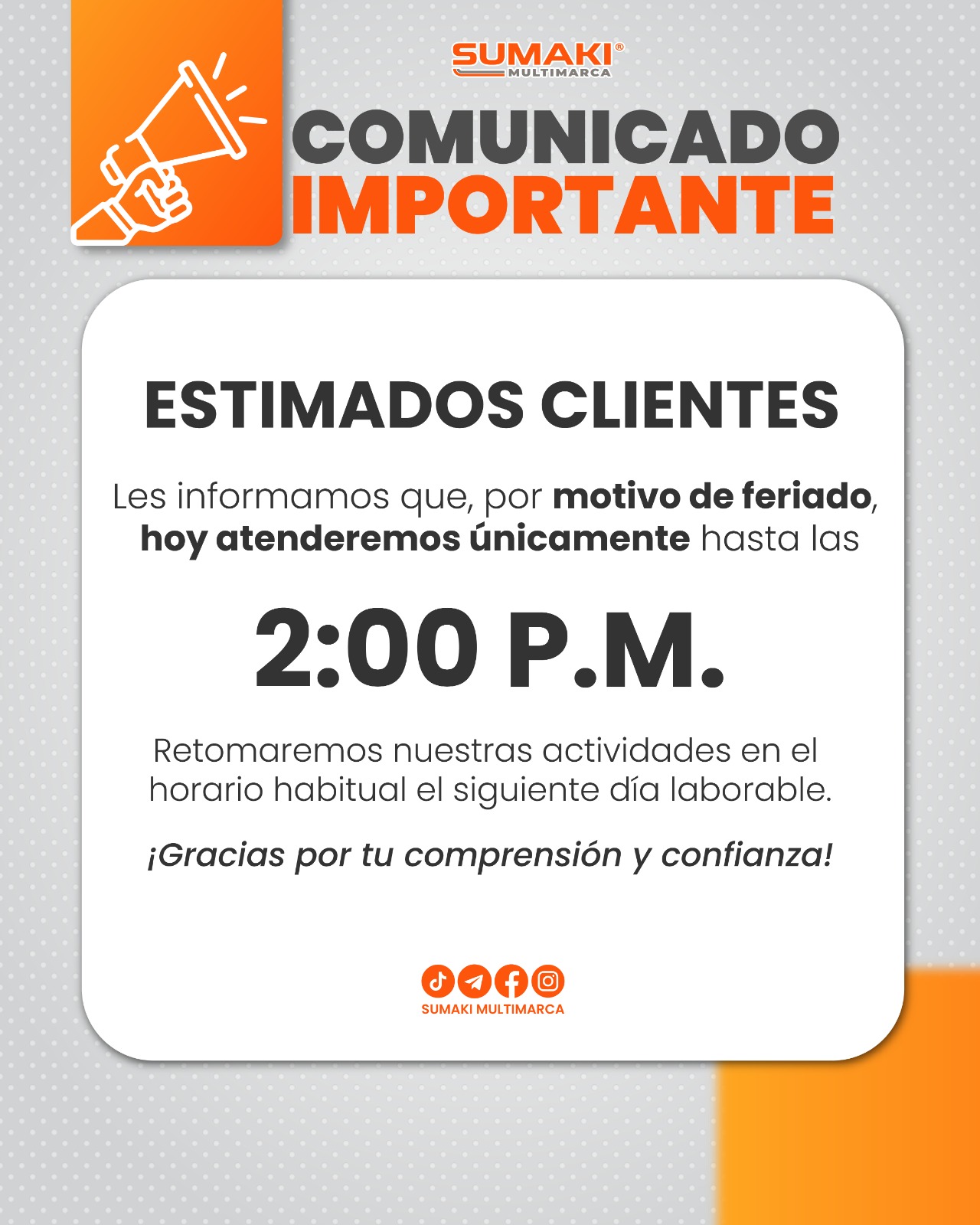 Sumaki - 📢 ¡Atención, clientes Sumaki! Hoy tendremos atención hasta las ...