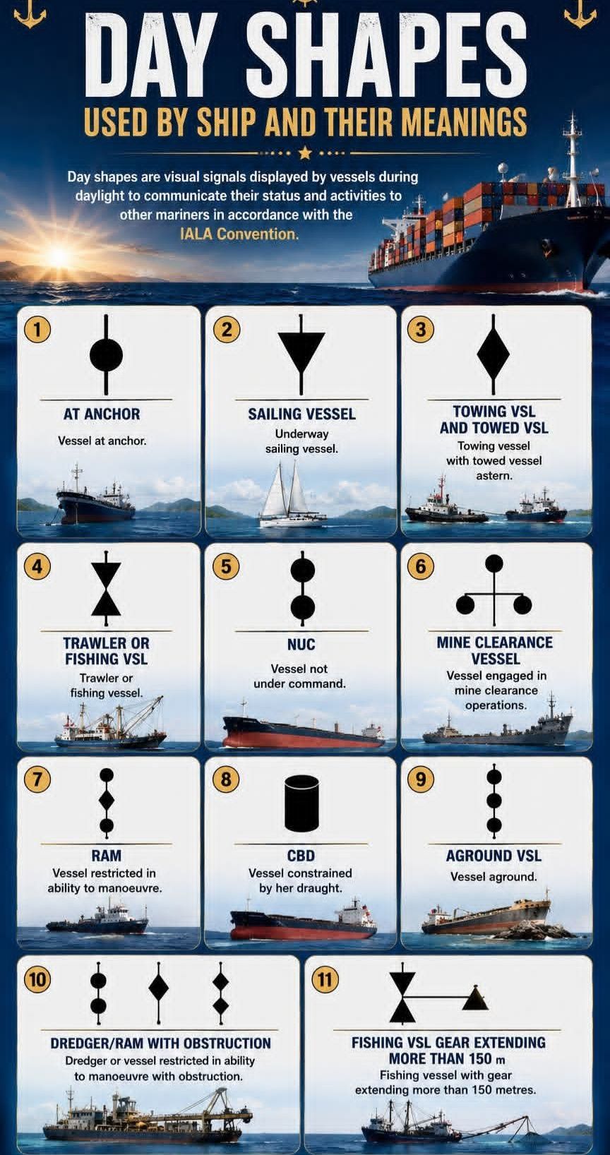 Day shape signals for vessels at sea
