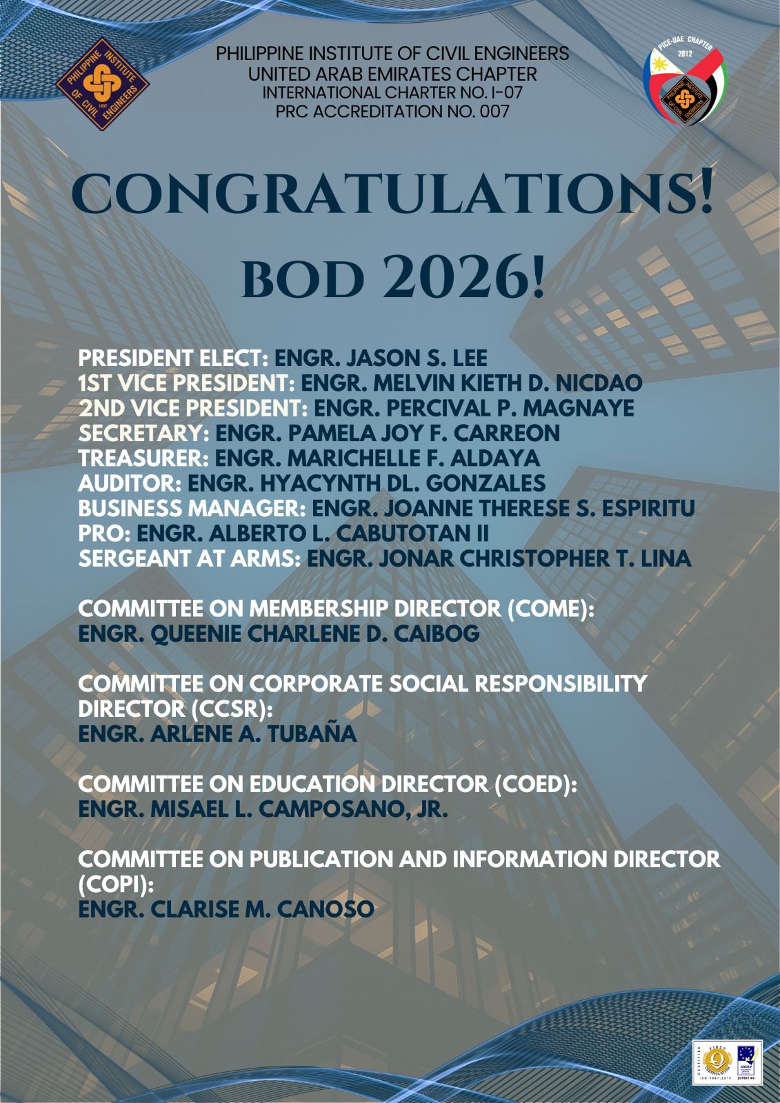 PICE UAE - We are proud to announce our newly elected 2026... | Facebook