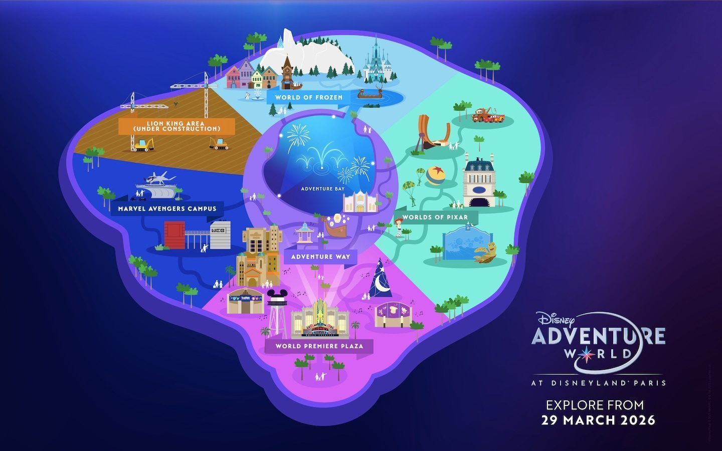 Attractions - Illustrated park map of Disney Adventure World, the new ...