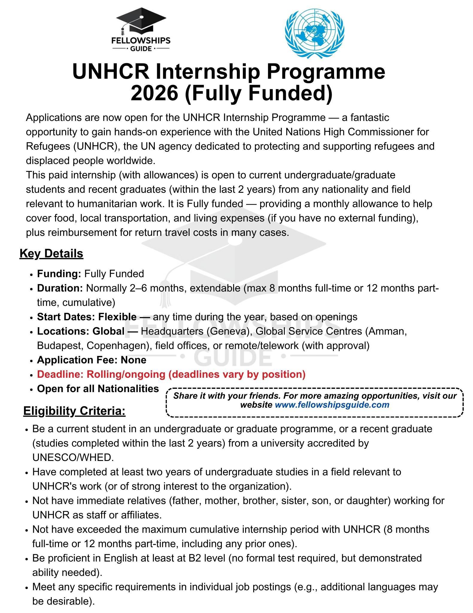 🚨 UNHCR Internship Programme 2026 is... - Fellowships Guide | Facebook