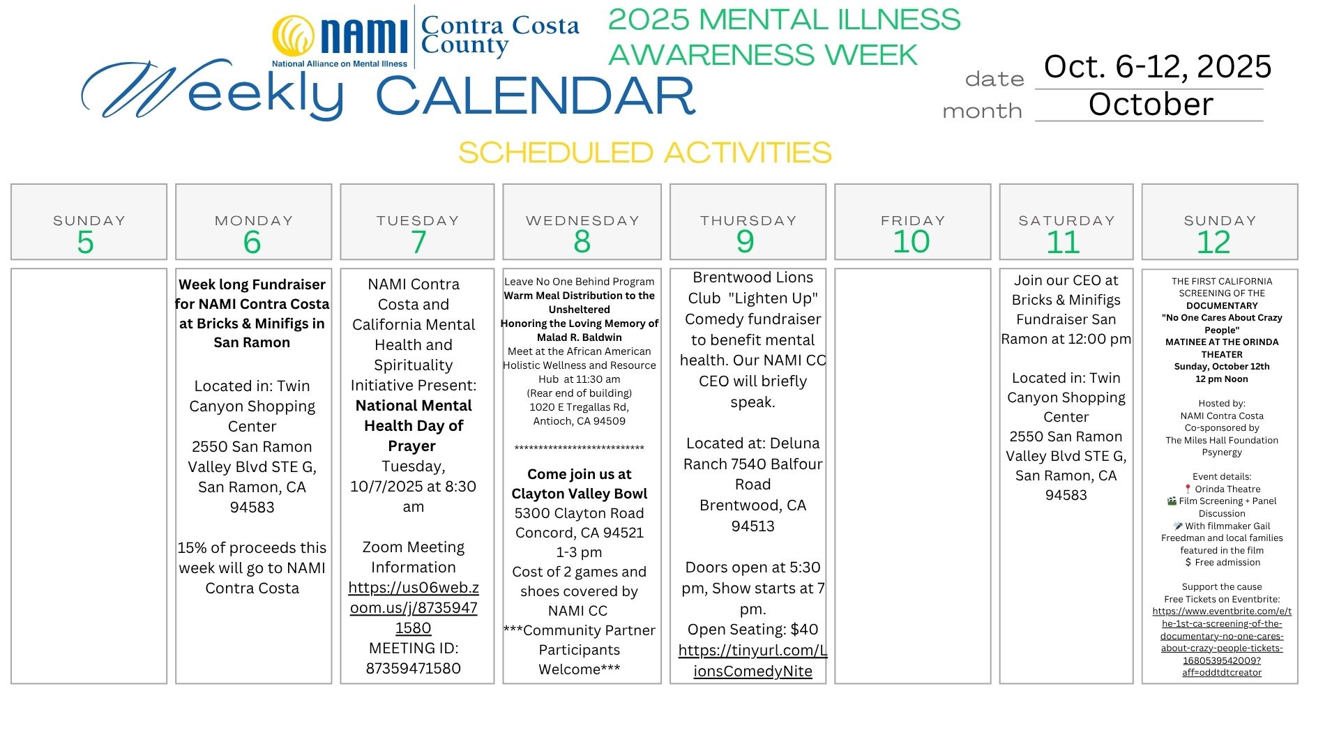 NAMI Contra Costa 2025 Mental Illness Awareness Week Weekly Calendar ...