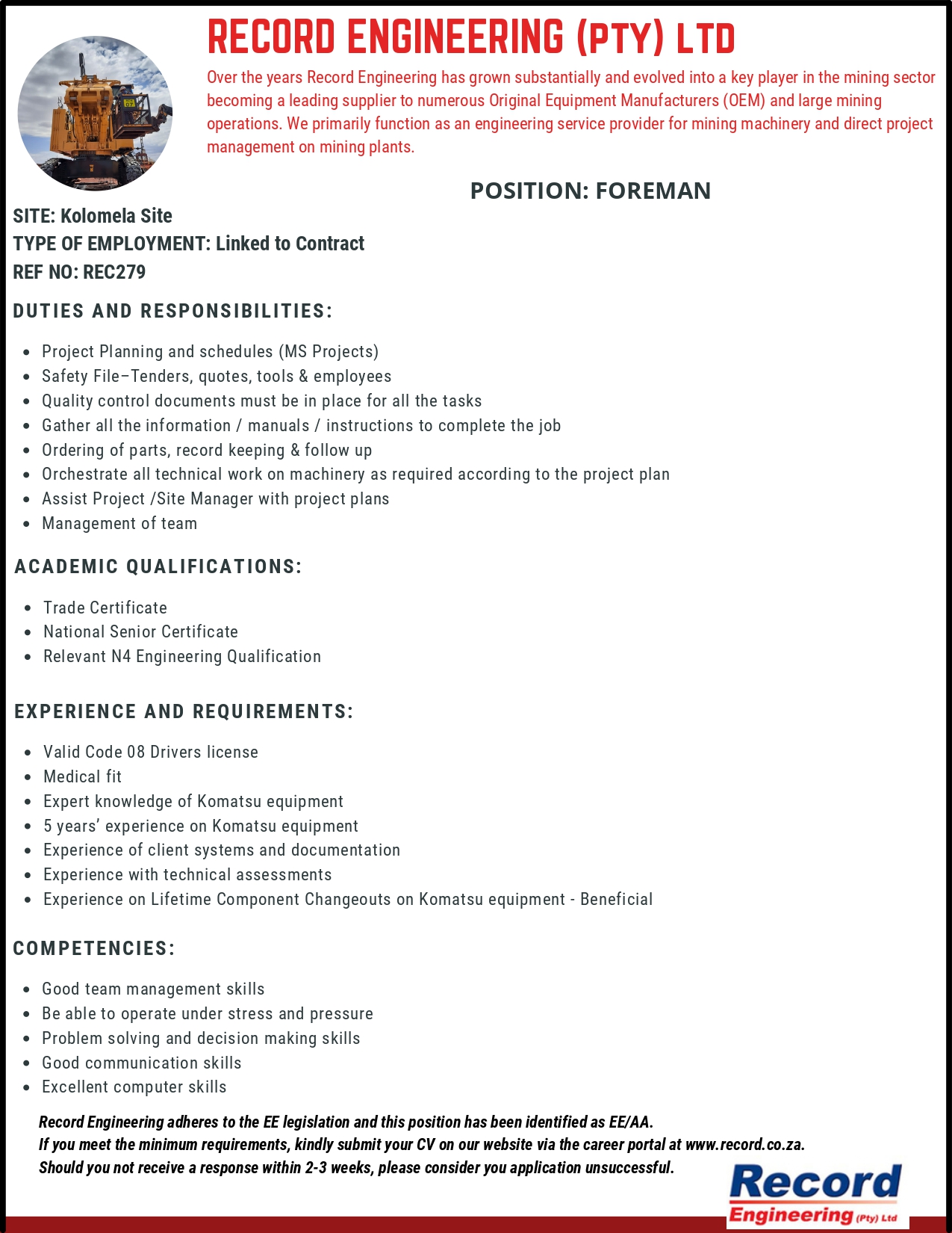 Record Engineering Vacancies | Kathu