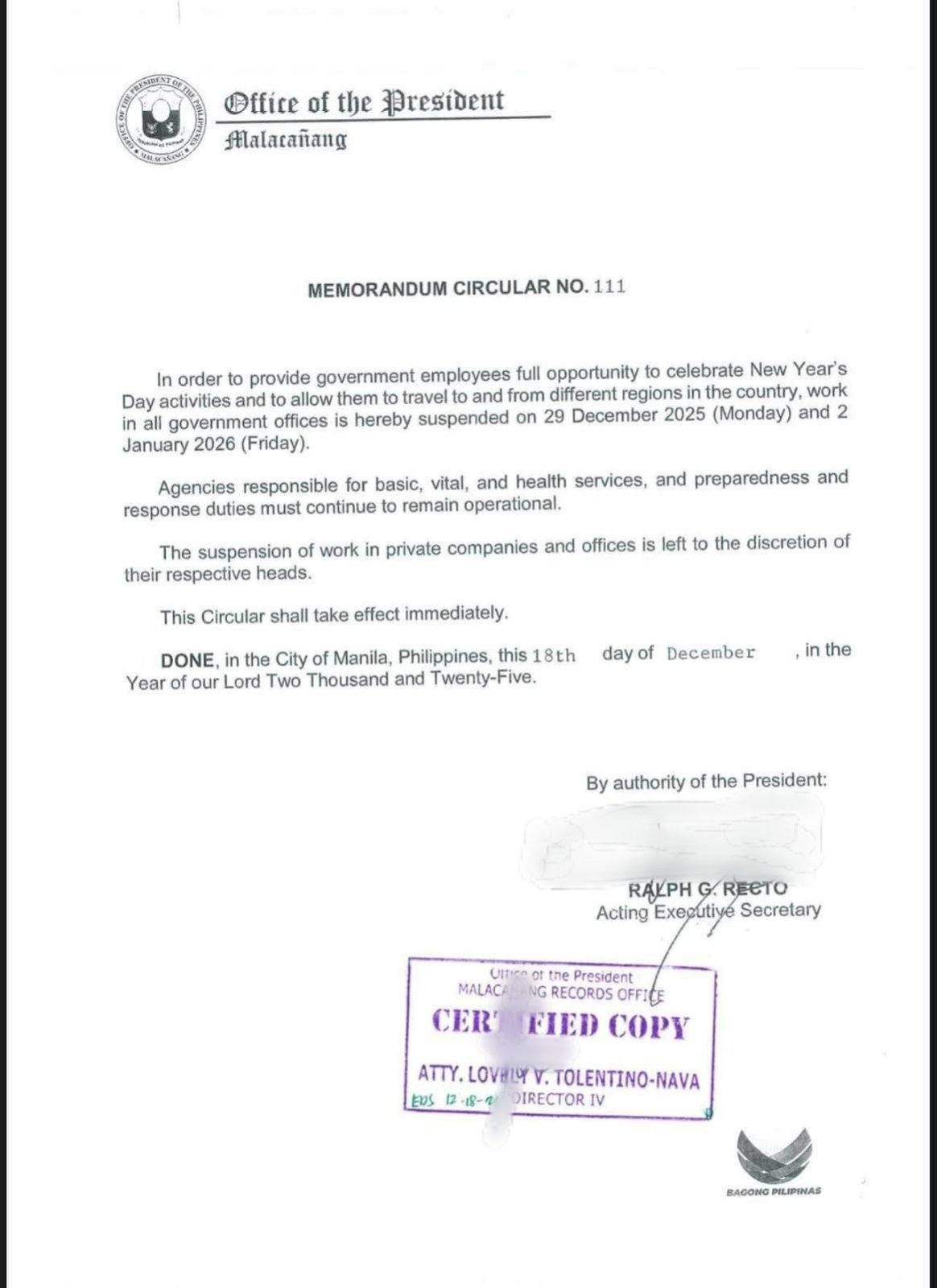 CDN - NO WORK IN GOVERNMENT OFFICES ON DEC. 29, JAN. 2 READ: Malacañang ...