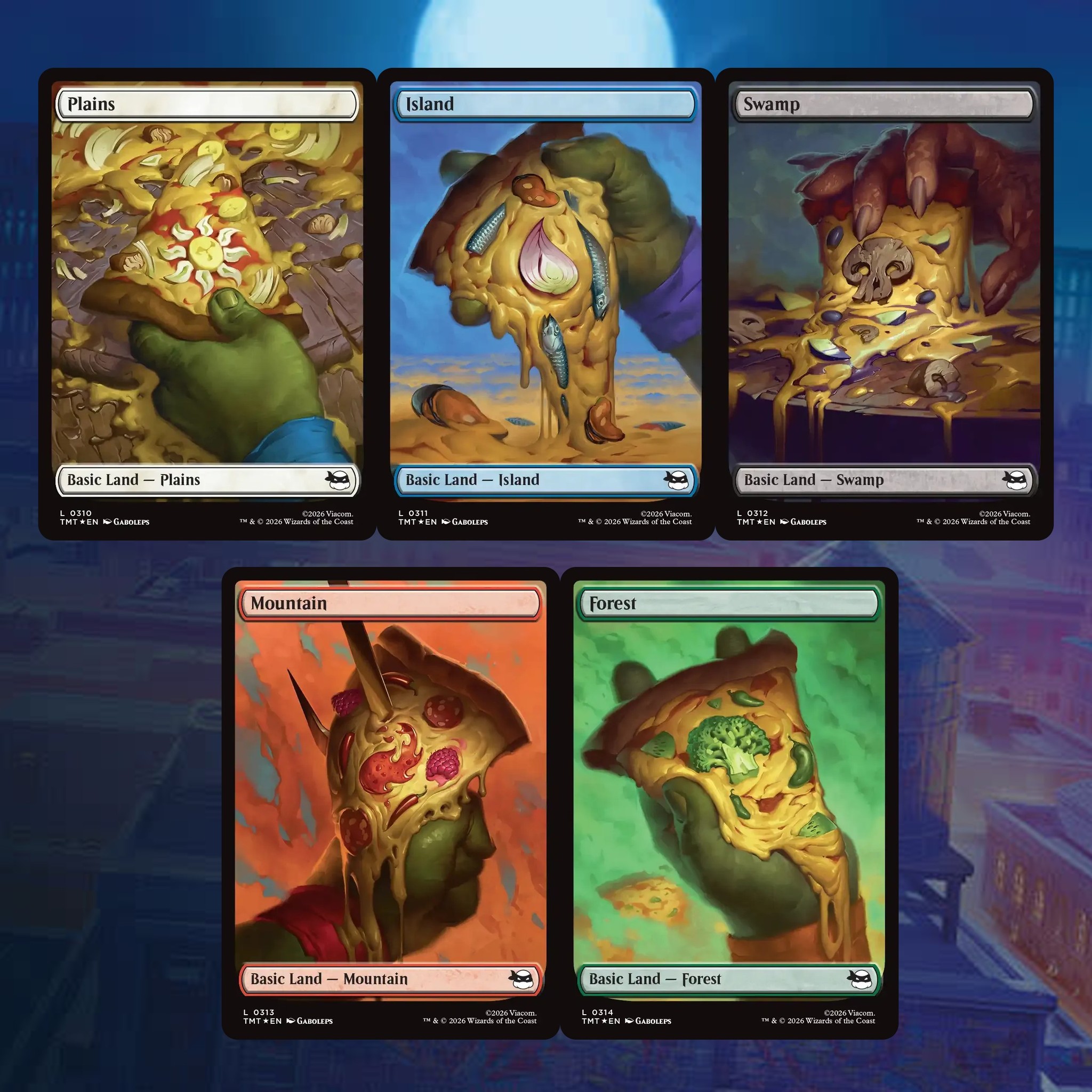 Full-art pizza basic lands from #MTGxTMNT! 🍕