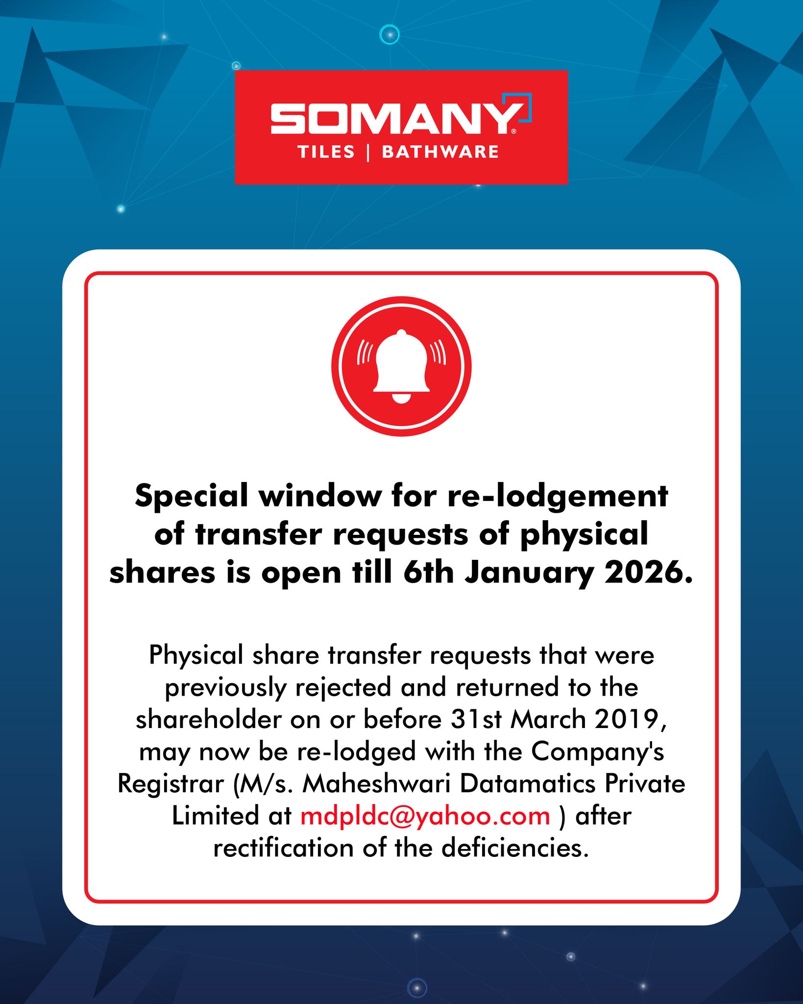 Somany - Special Window for Re-lodgement of Physical Share Transfers ...