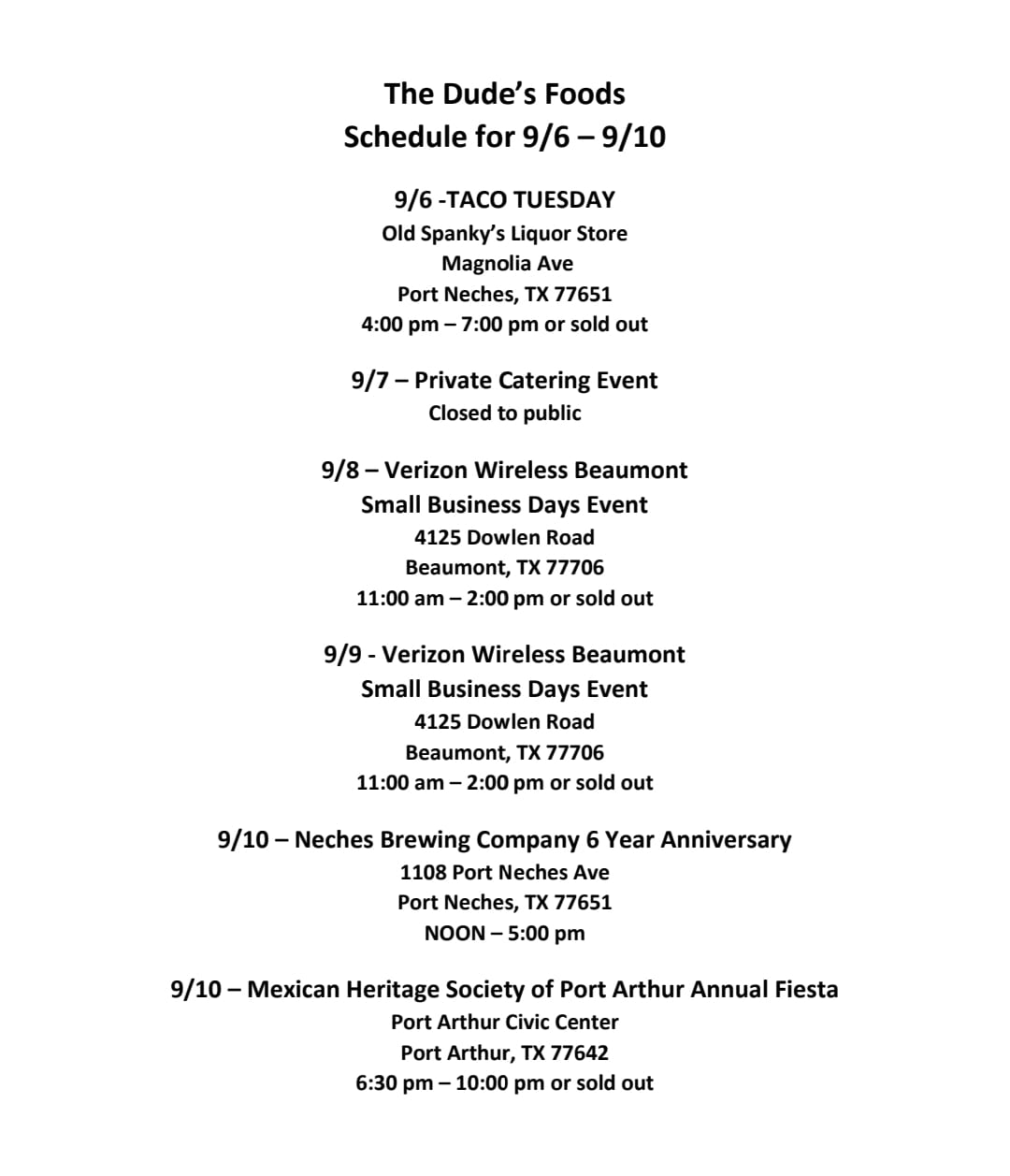 Here is this week's schedule for Sept... - The Dude's Foods | Facebook
