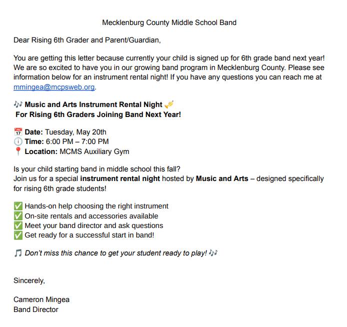 Mecklenburg - 🎶 Attention Parents of Rising 6th Grade Band Students! 🎶 ...