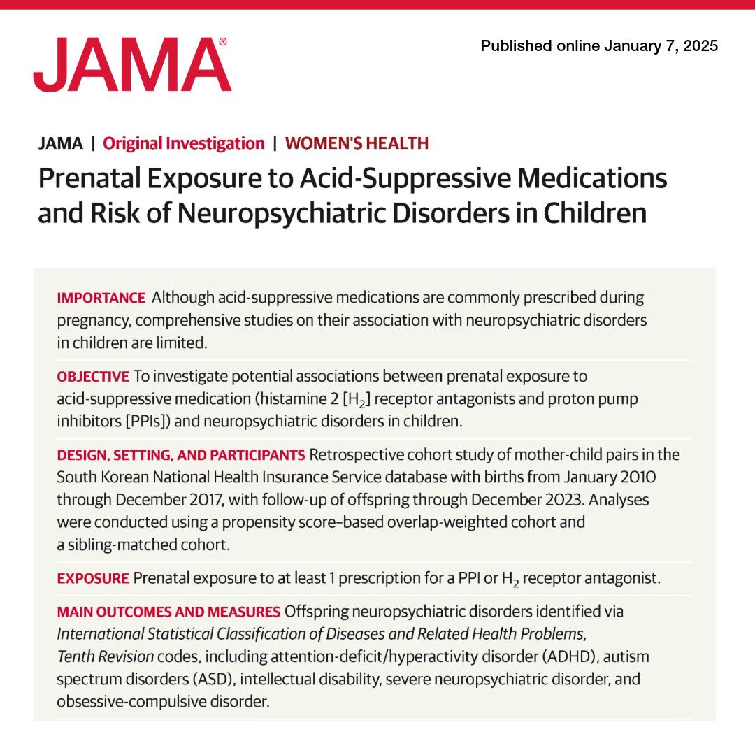 Prenatal exposure to acid-suppressive medication, including proton pump inhibitors and histamine 2 receptor antagonists, was evaluated for neuropsychiatric risks in children in a South Korean cohort of more than 2.7 million births