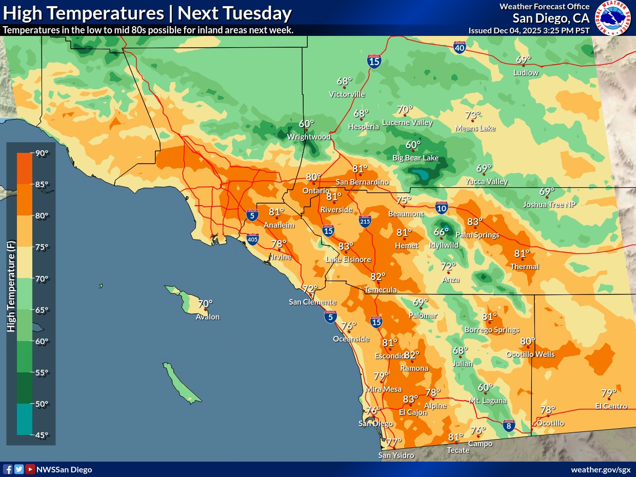 US - Map of forecast high temperatures for Tuesday Dec 09, 2025. A warm ...