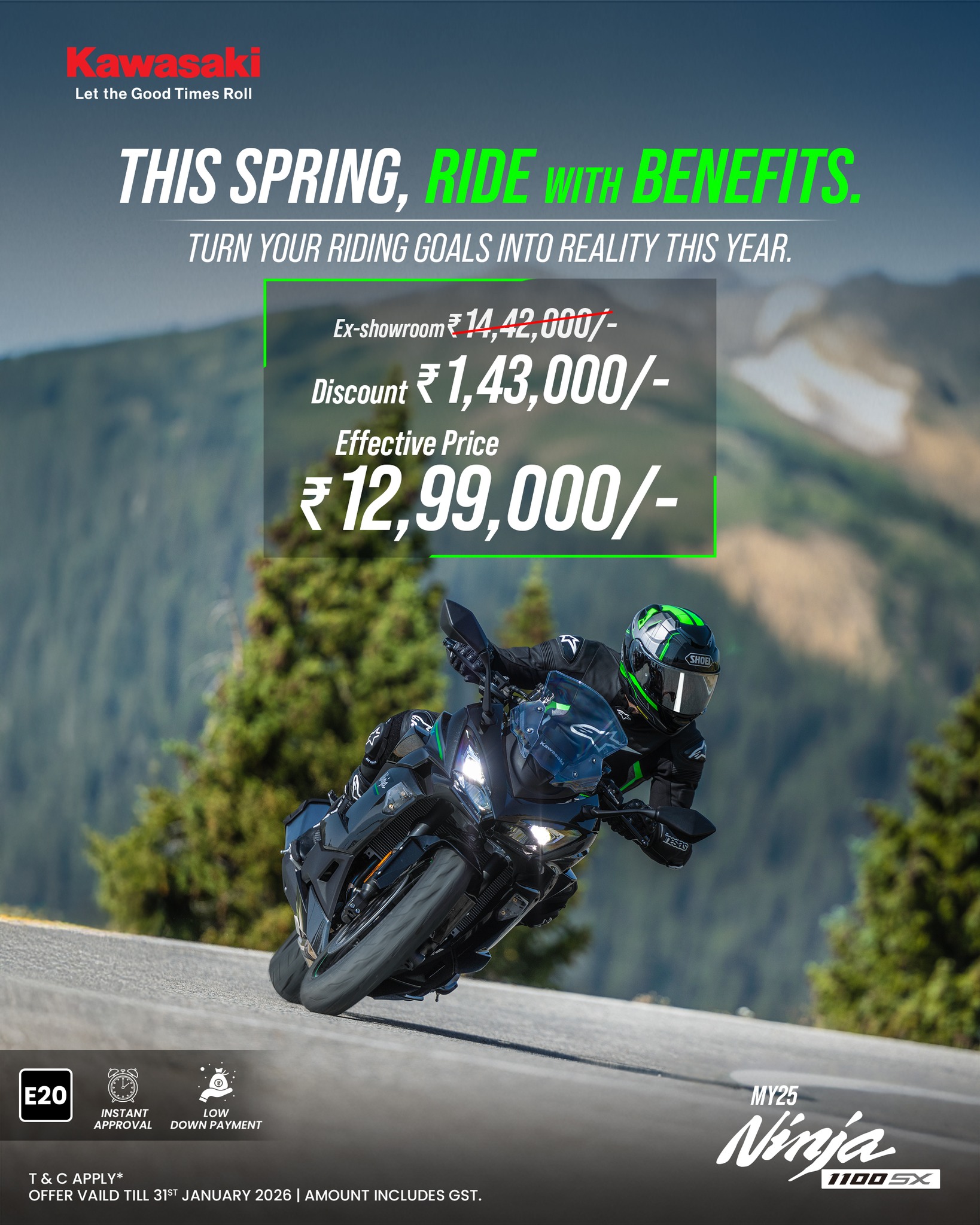 Ninja 1100SX — This Spring, Ride with Benefits. Turn your riding