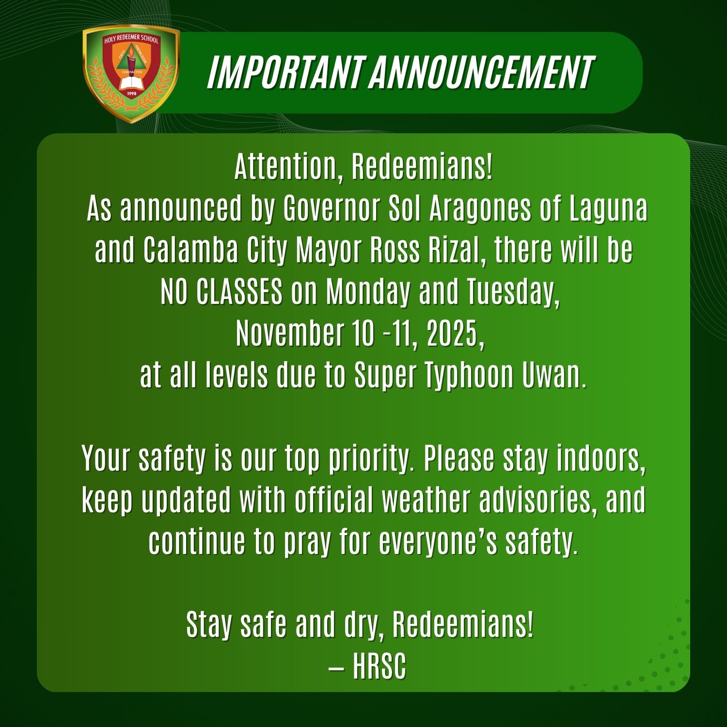 HRSC - As announced by Governor Sol Aragones of Laguna and Calamba City ...