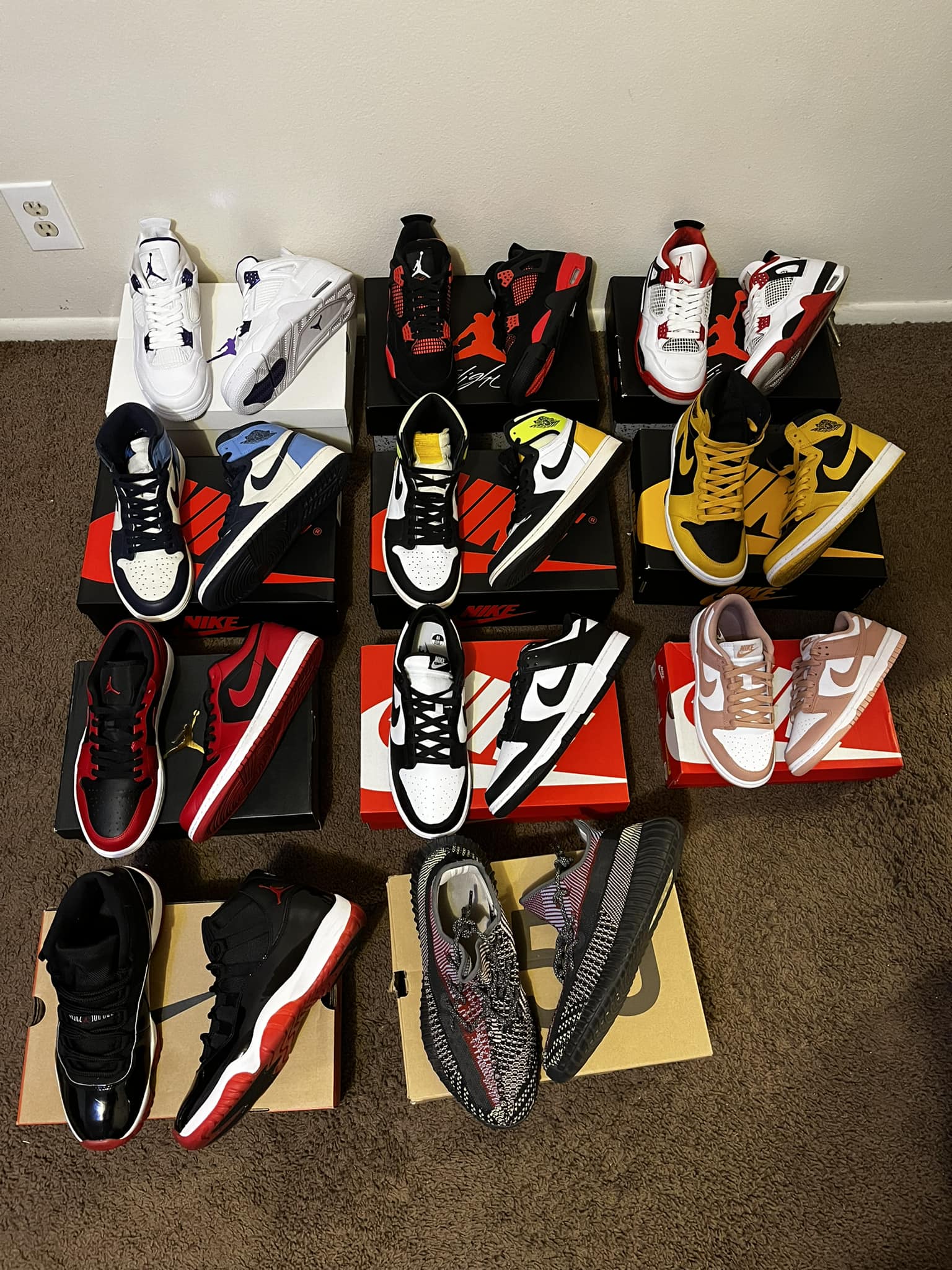 Pink & white dunks - 9.5c Black, white & grey 1s - 6c Red and
