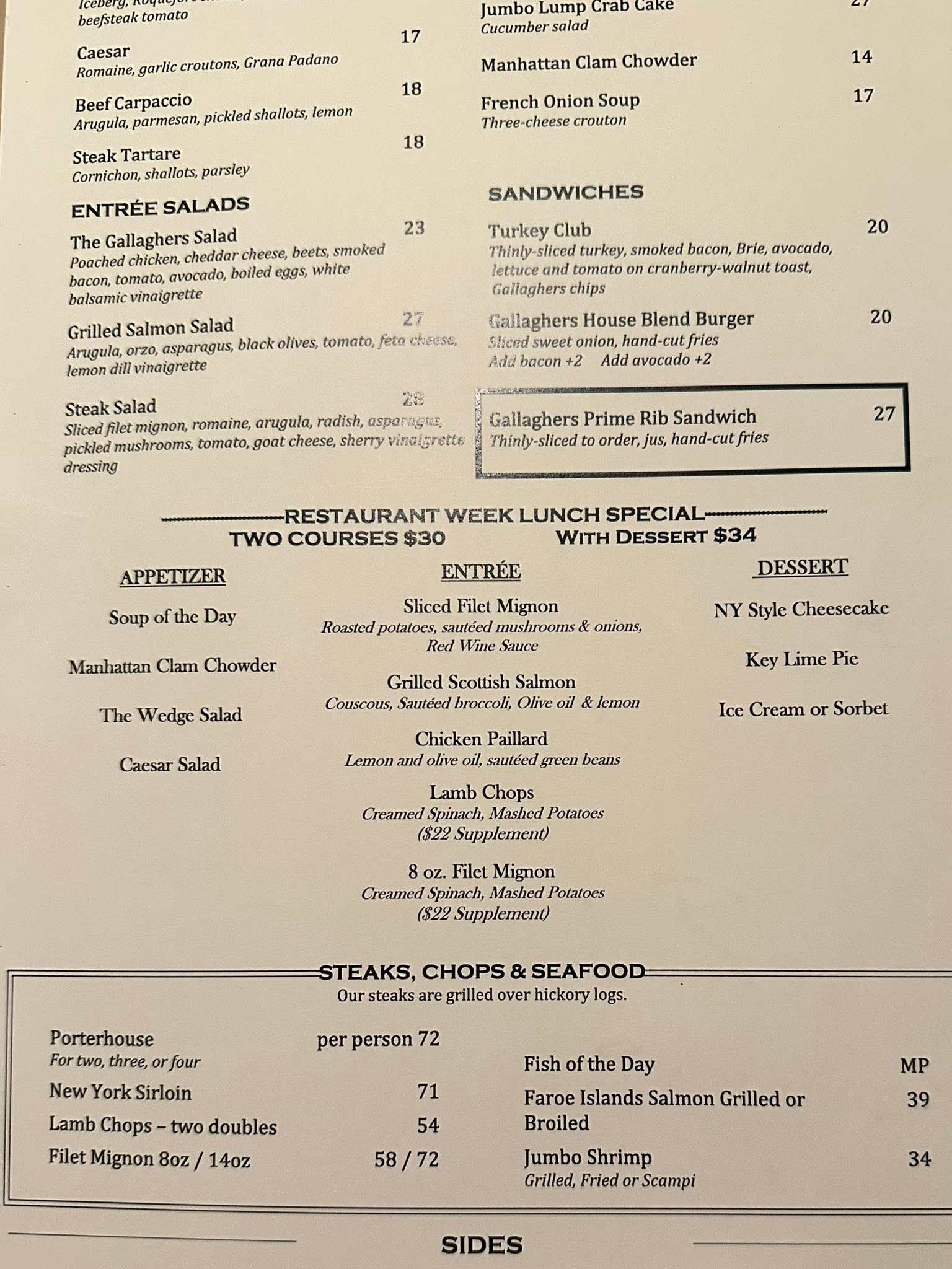 Gallaghers Steak House ヴィンテージ メニュー Gallaghers Steak House ヴィンテージ メニュー Gallaghers Steakhouse