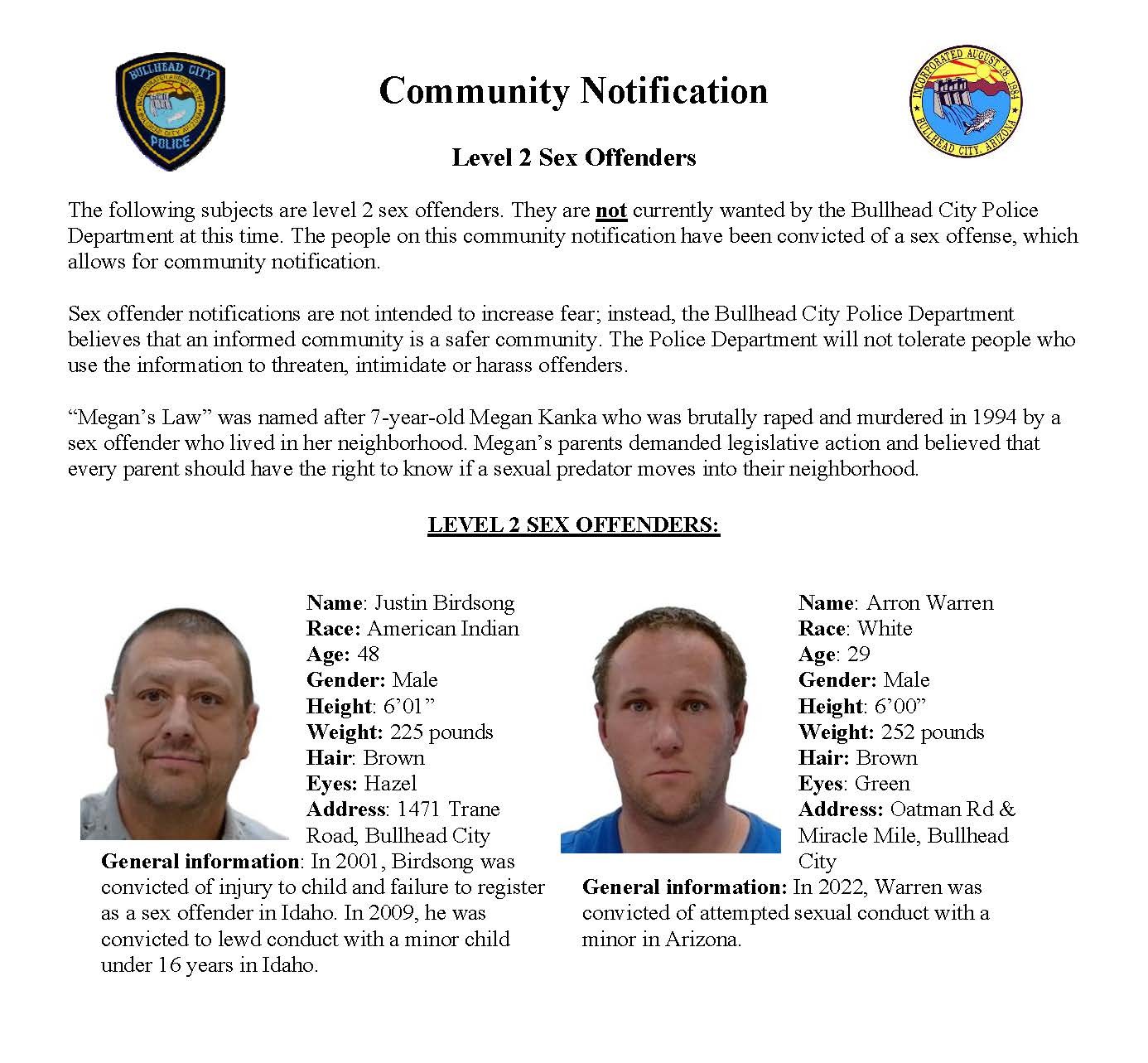 SEX OFFENDER NOTIFICATION  Megan s Law requires law enforcement  