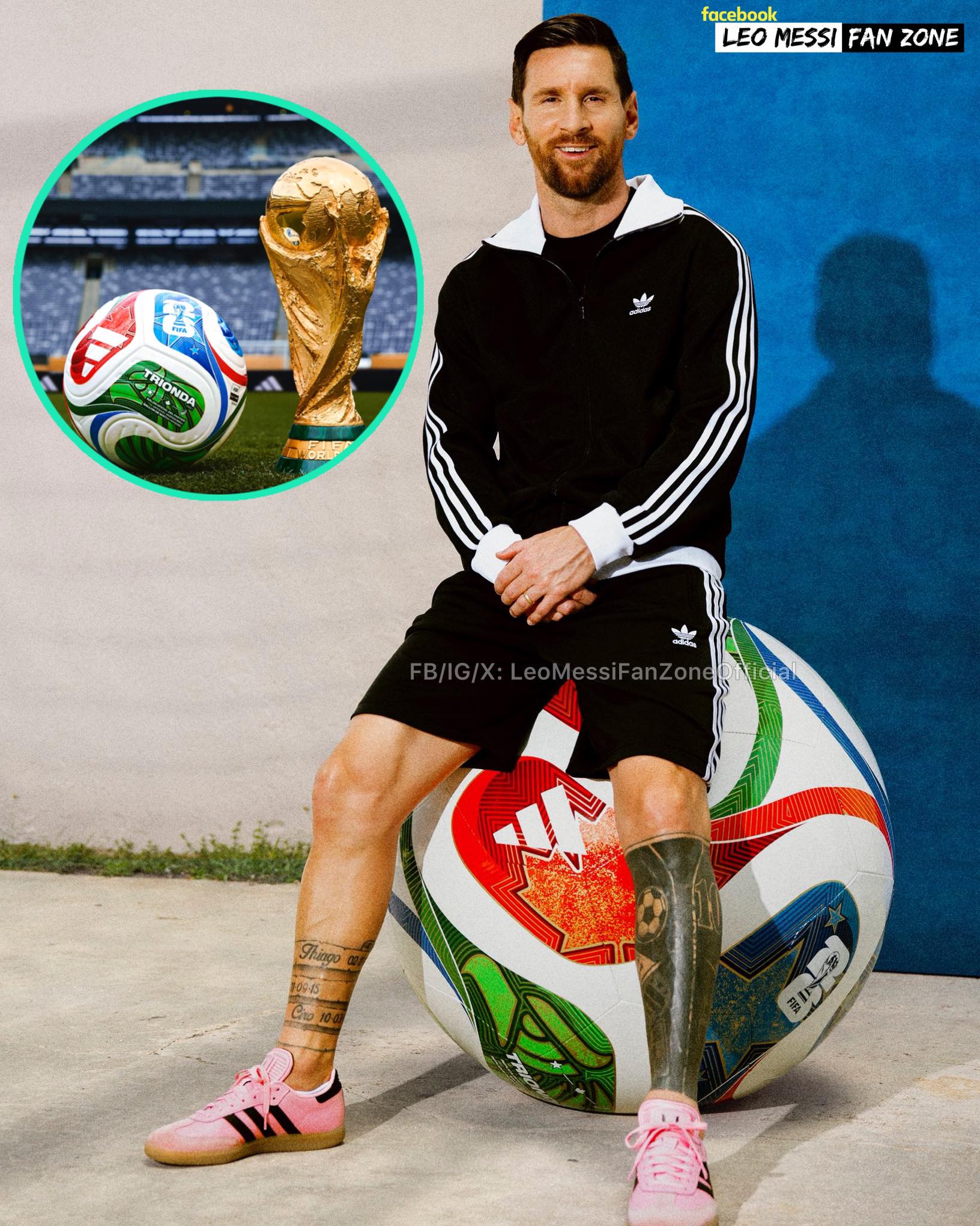 Lionel Messi poses with the official Adidas ball for the 2026 FIFA