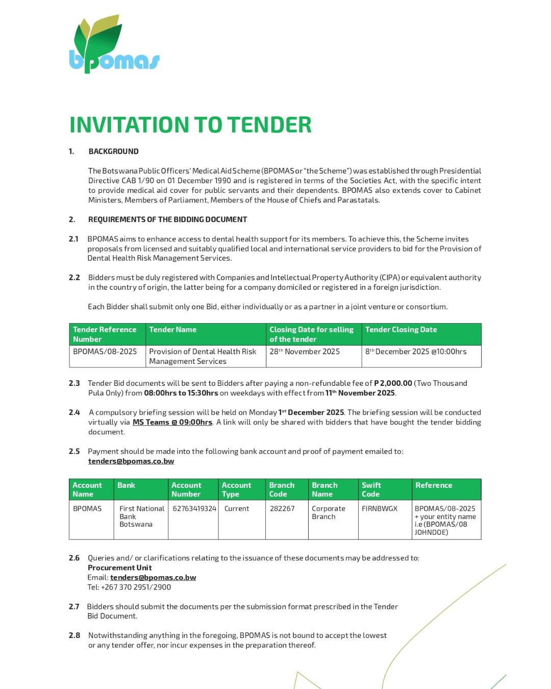 Tender Reference Number: BPOMAS/... - e-Tender Botswana | Facebook