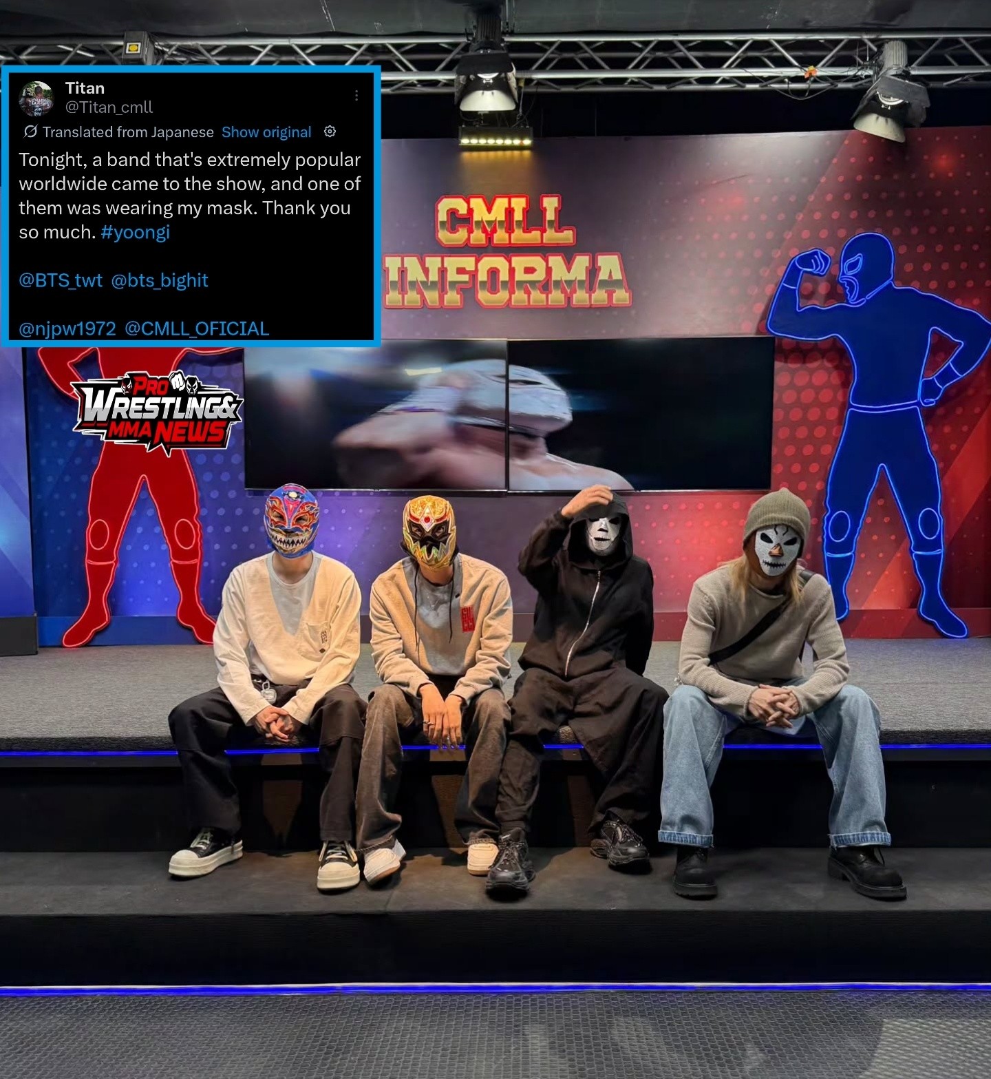 BTS watching wrestling in masks while Místico entered the ring