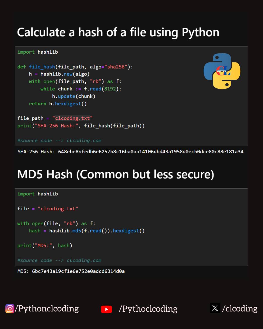 Python - Calculate a hash of a file using Python https://pythonclcoding ...