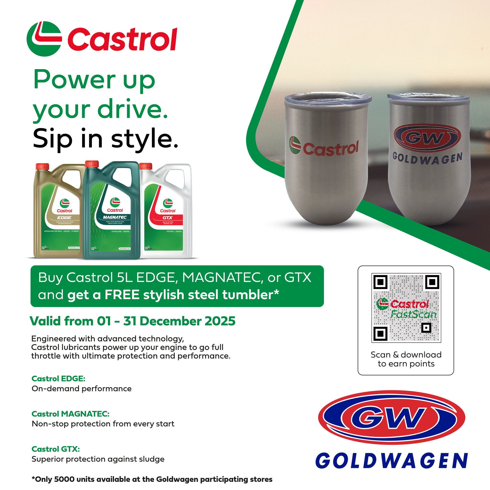 Power up your drive. Sip in style. Purchase any Castrol 5L Edge
