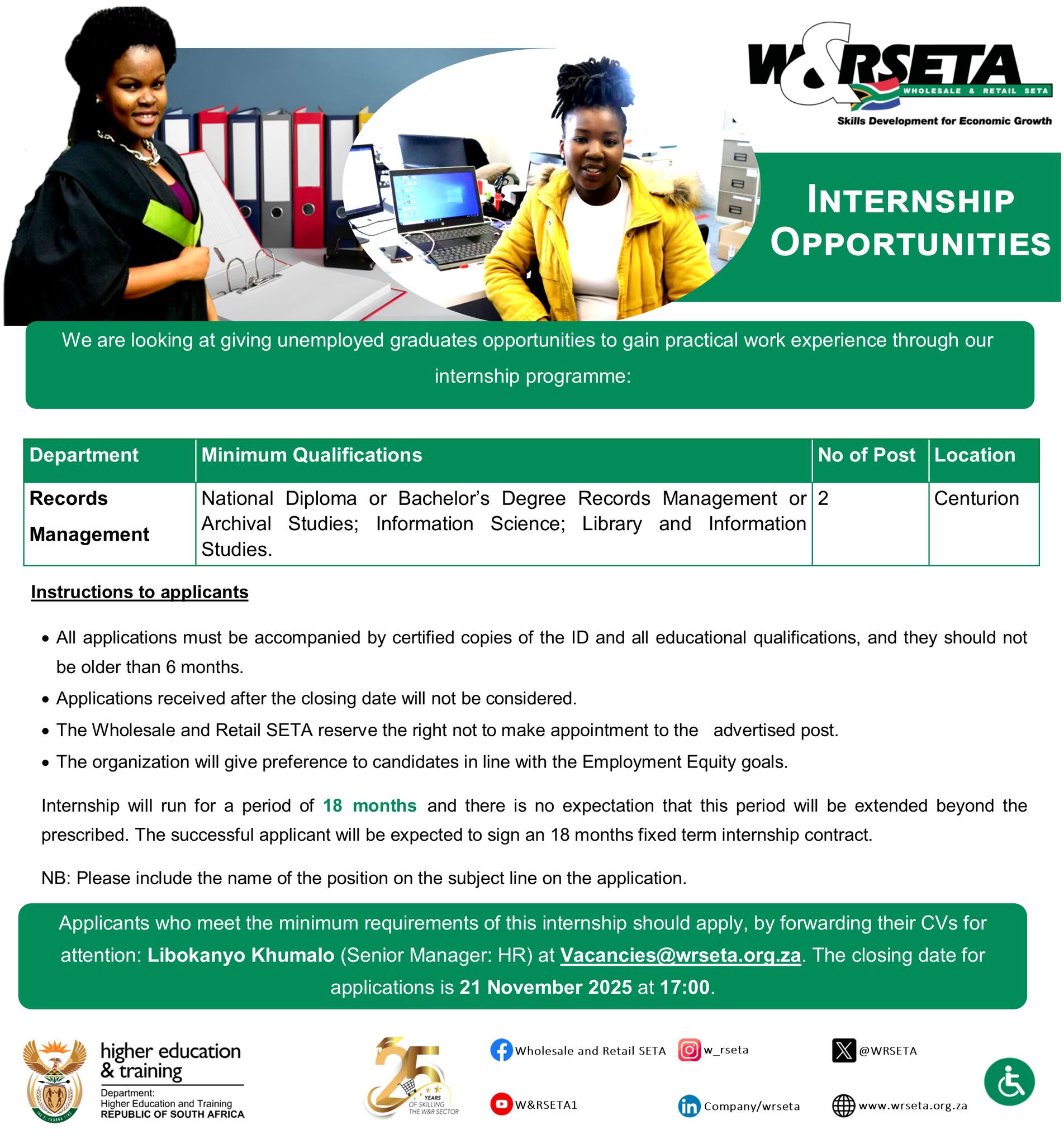 Wholesale - INTERNSHIP OPPORTUNITY The W&RSETA has an opportunity for ...